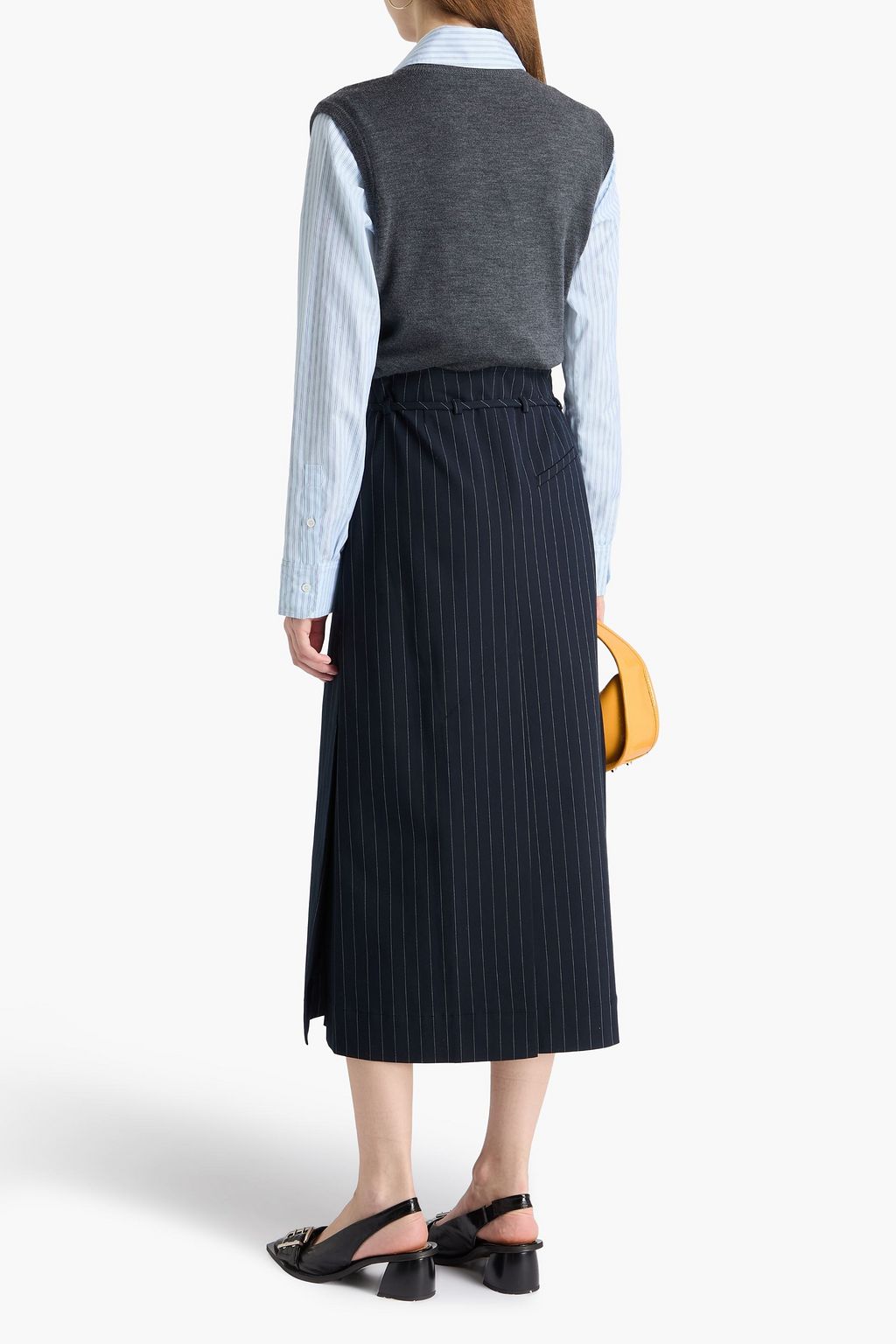 GANNI Belted pinstriped stretch-twill midi skirt