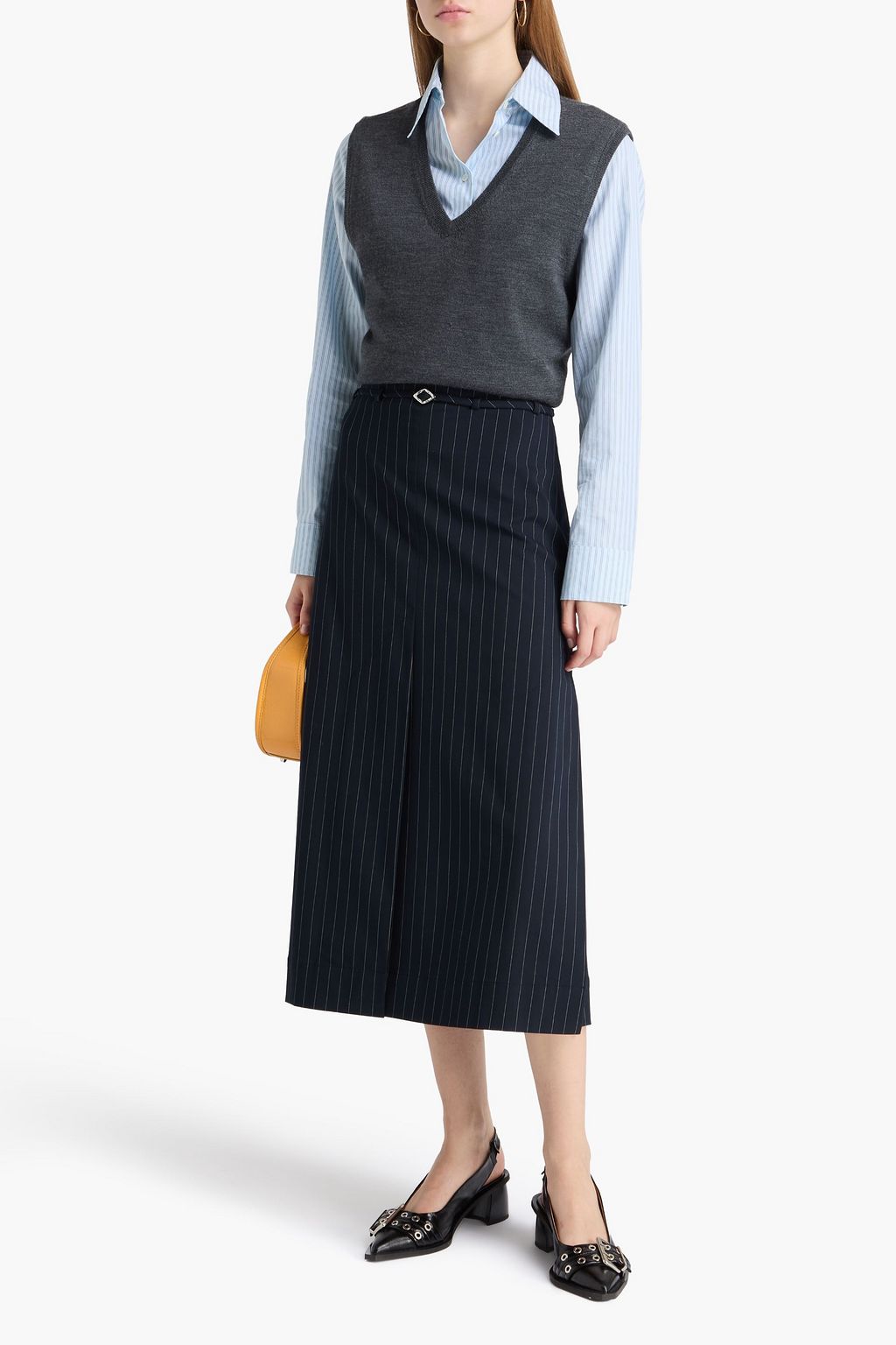 GANNI Belted pinstriped stretch-twill midi skirt