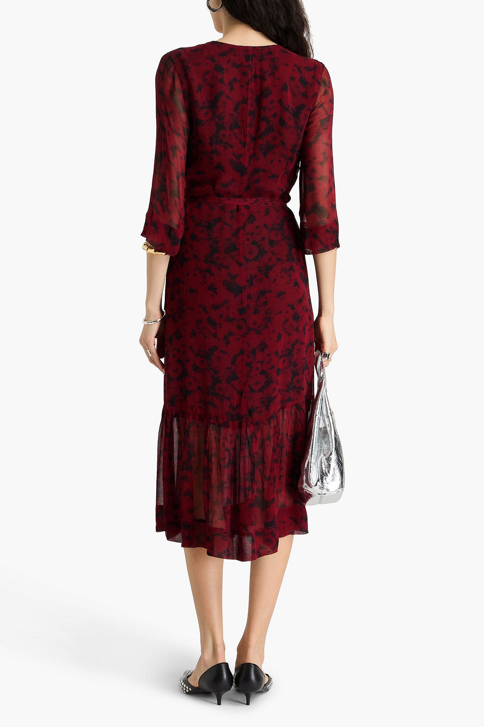 Ganni Red Printed Light Georgette Wrap Midi Dress In Weinrot