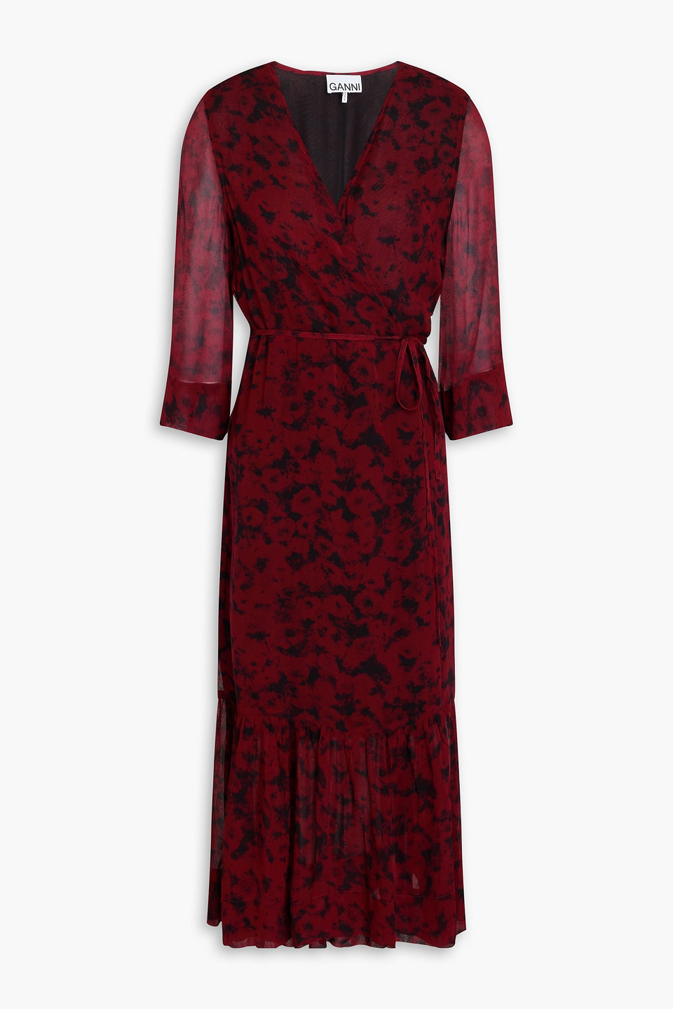 Ganni Red Printed Light Georgette Wrap Midi Dress In Weinrot