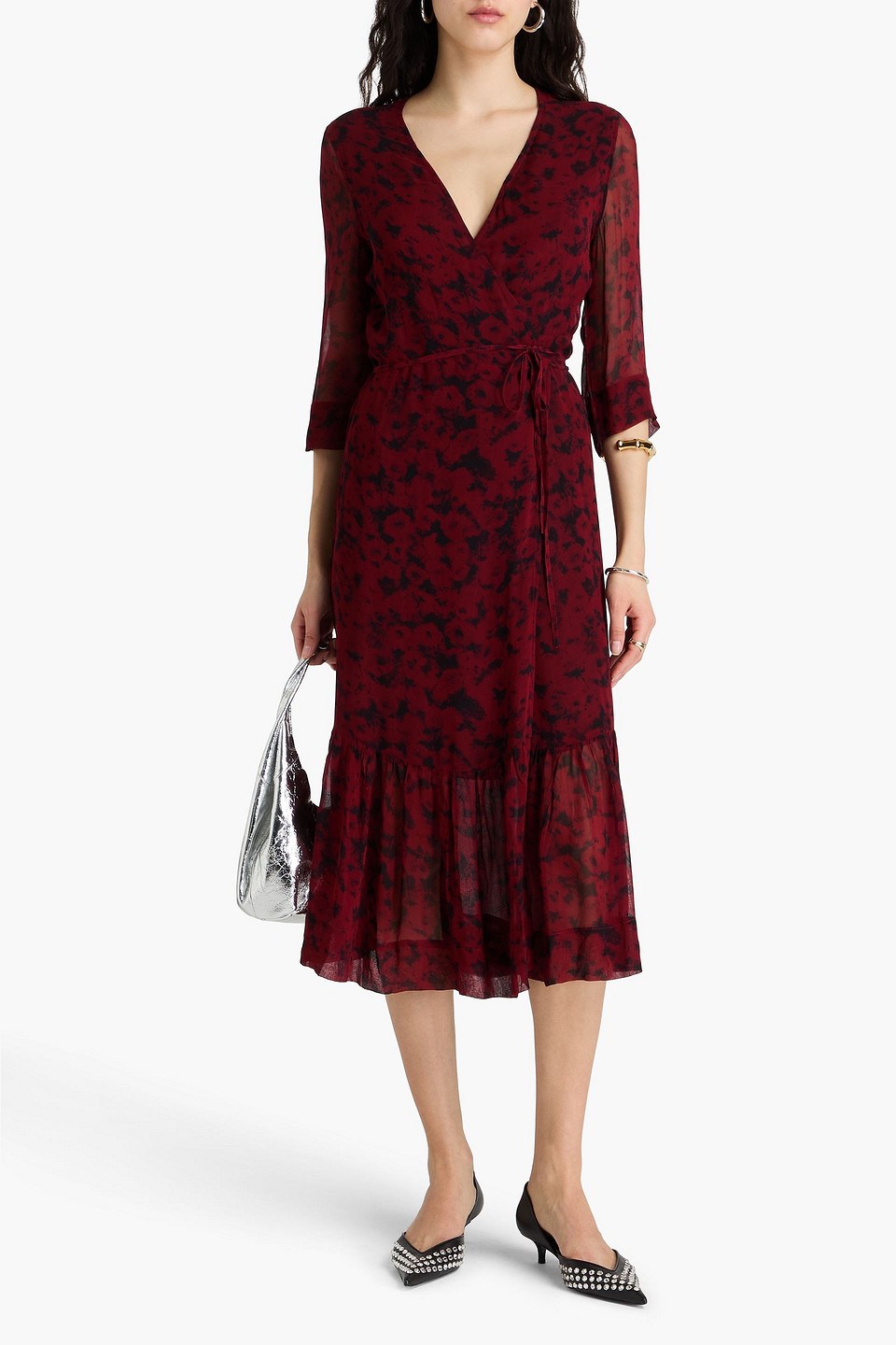 Ganni Red Printed Light Georgette Wrap Midi Dress In Weinrot