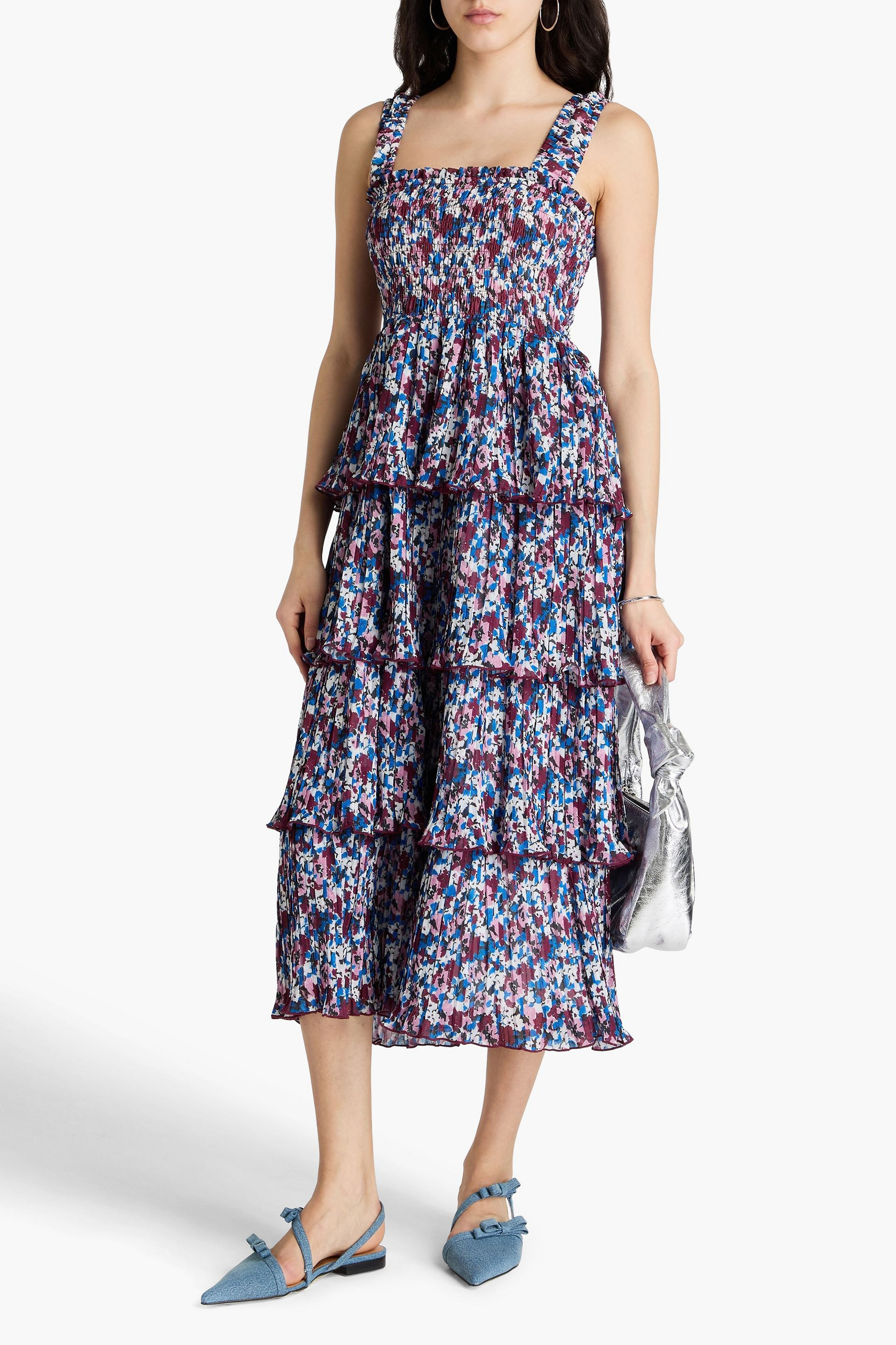 GANNI Tiered printed plissé-georgette midi dress