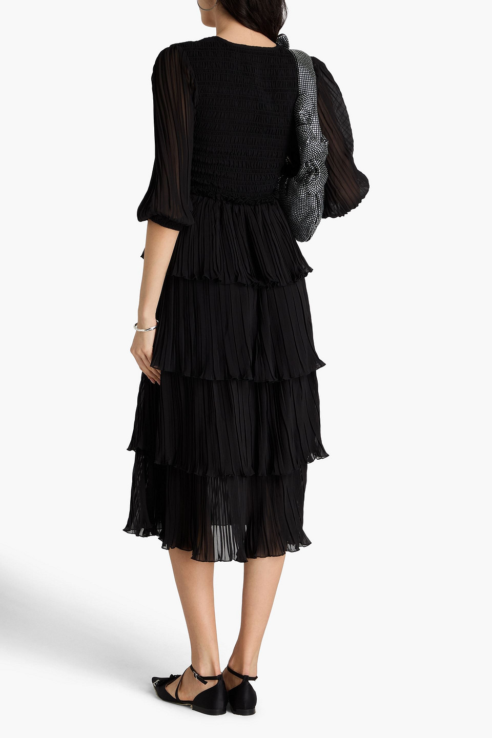 Ganni Gestuftes Midikleid Aus Plissiertem Georgette In Schwarz