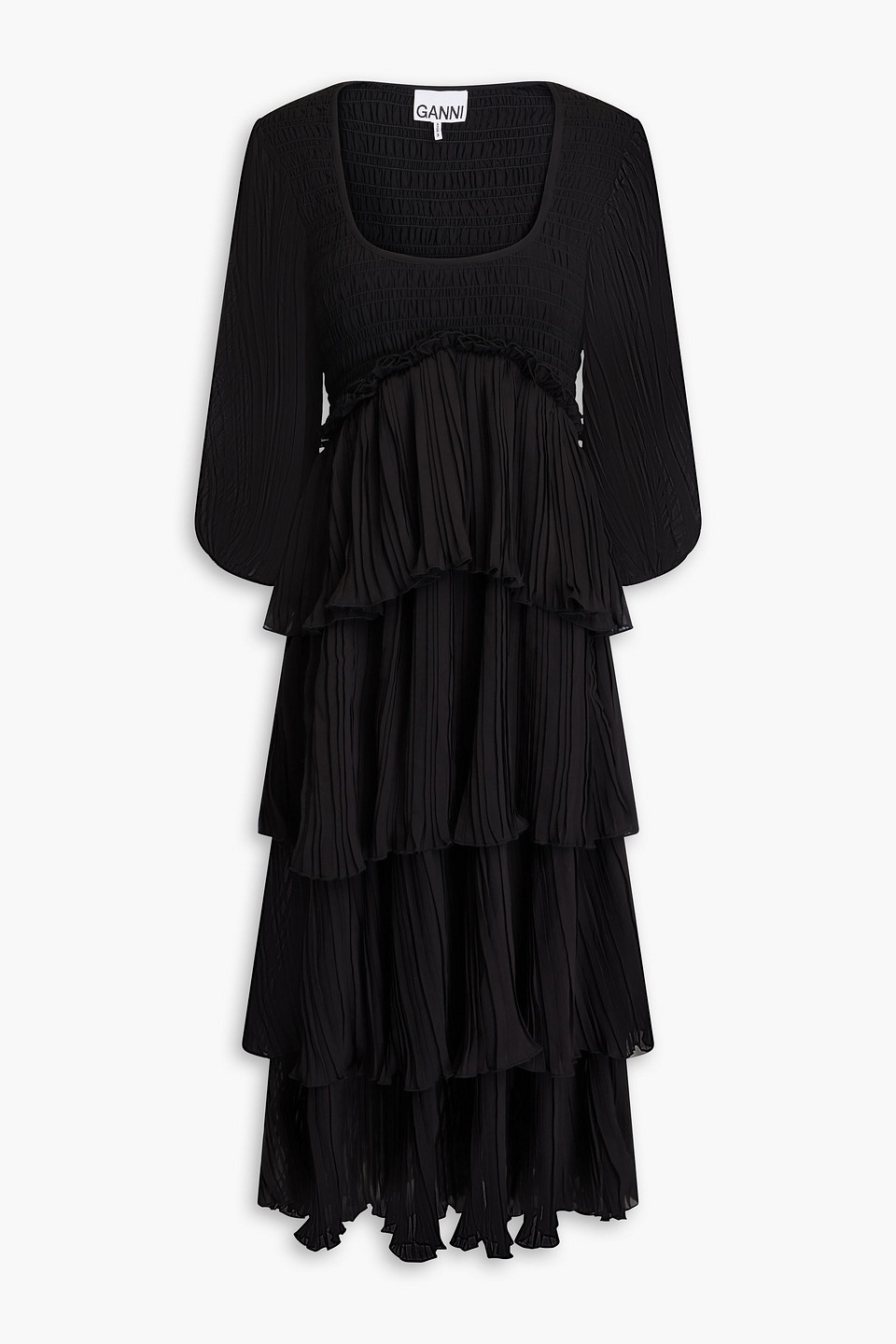 Ganni Gestuftes Midikleid Aus Plissiertem Georgette In Schwarz