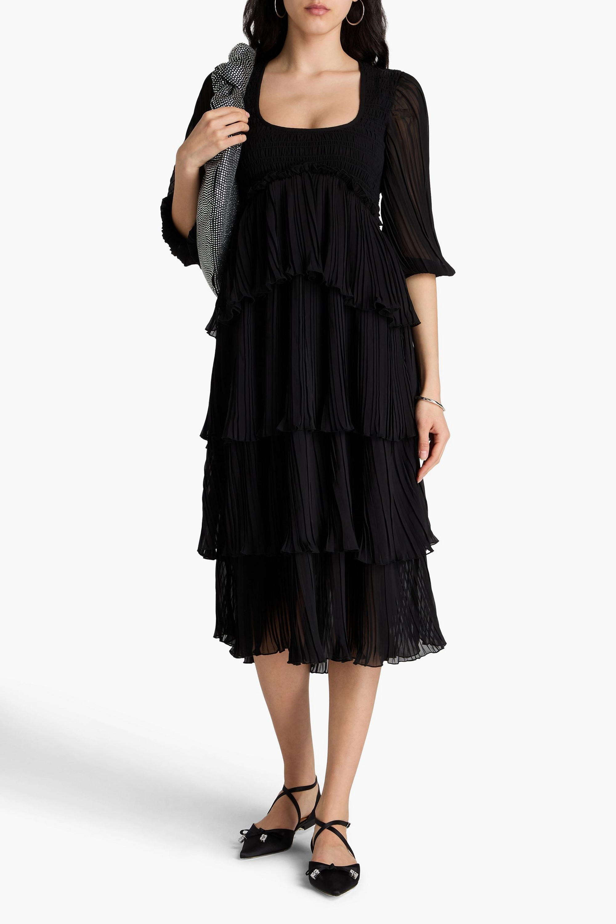 GANNI Tiered plissé-georgette midi dress