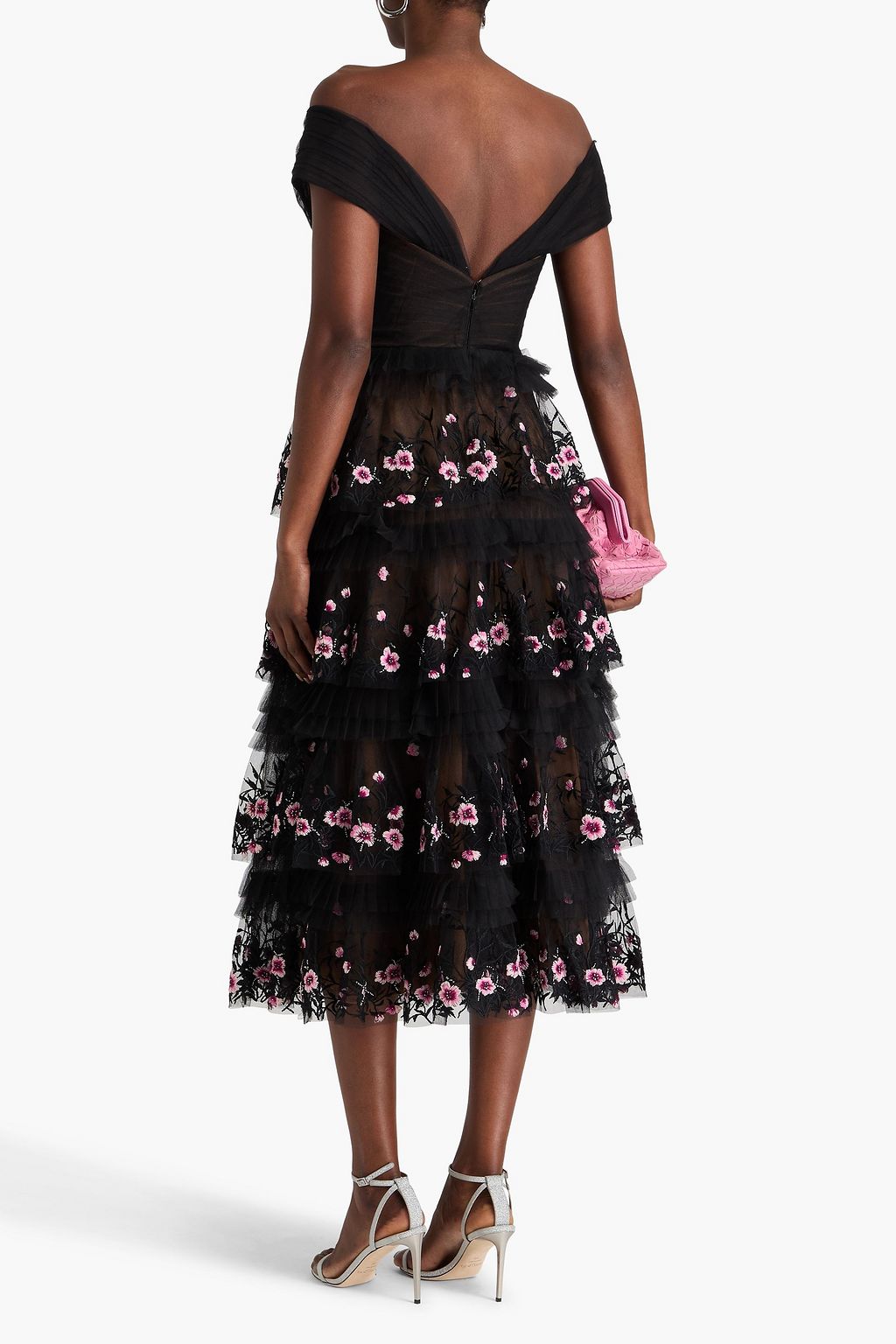 MARCHESA NOTTE Off-the-shoulder embellished tulle midi dress