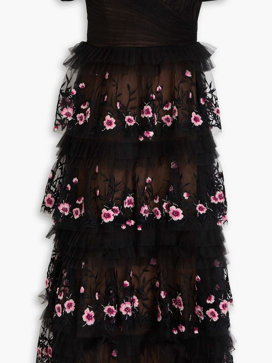 off-the-shoulder embellished tulle midi dress