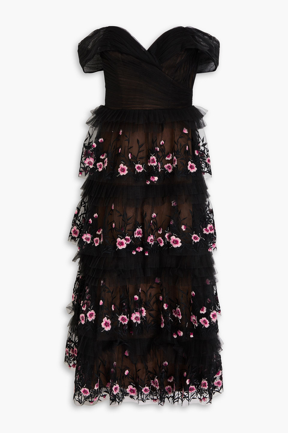 MARCHESA NOTTE OFF-THE-SHOULDER EMBELLISHED TULLE MIDI DRESS