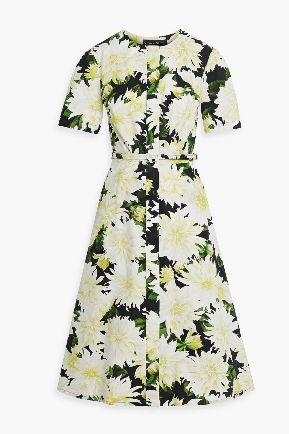 Oscar De La Renta Belted Floral-print Cotton-blend Poplin Midi Dress In Chartreuse