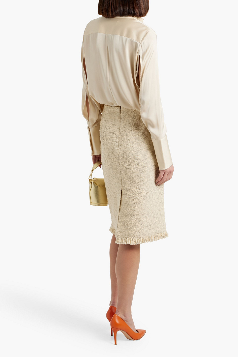 Shop Oscar De La Renta Frayed Wool-blend Bouclé-tweed Skirt In Beige