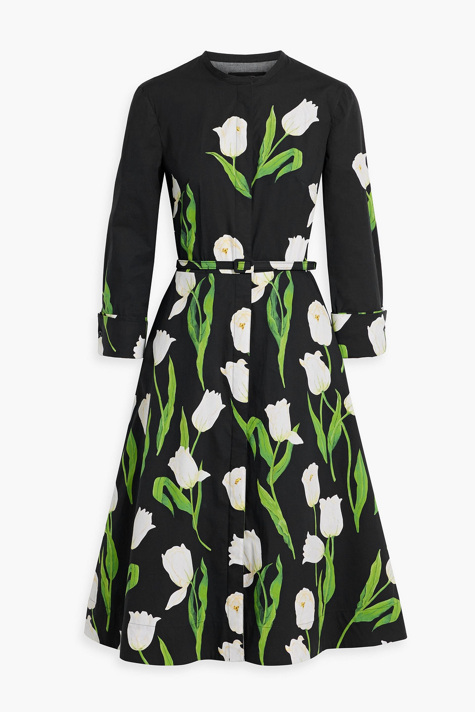 Oscar De La Renta Belted Floral-print Cotton-blend Poplin Dress In Black