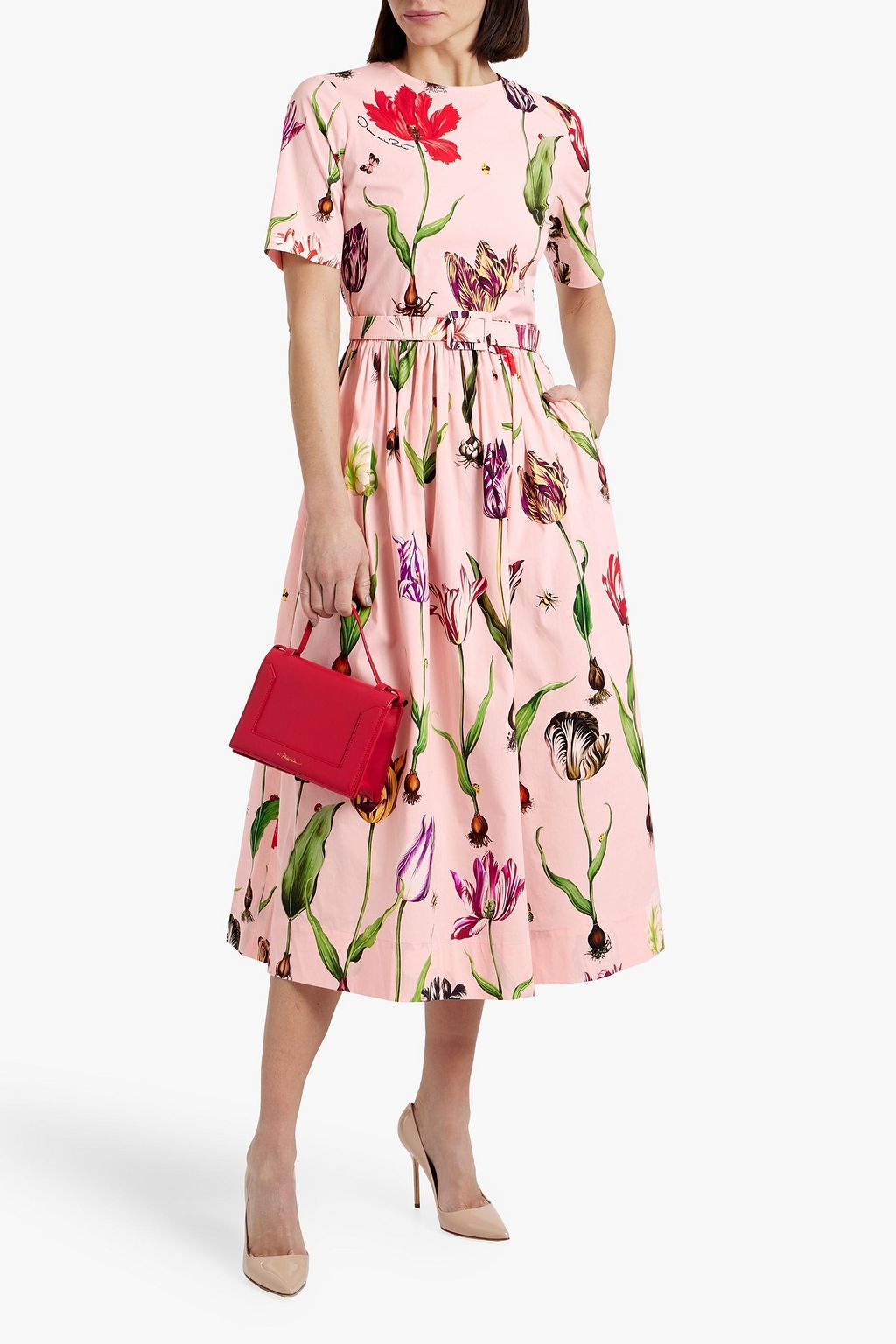 OSCAR DE LA RENTA Belted floral-print cotton-blend poplin midi dress