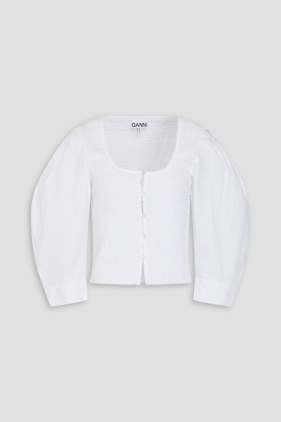 Ganni Smocked Cotton-poplin Cropped Blouse In White