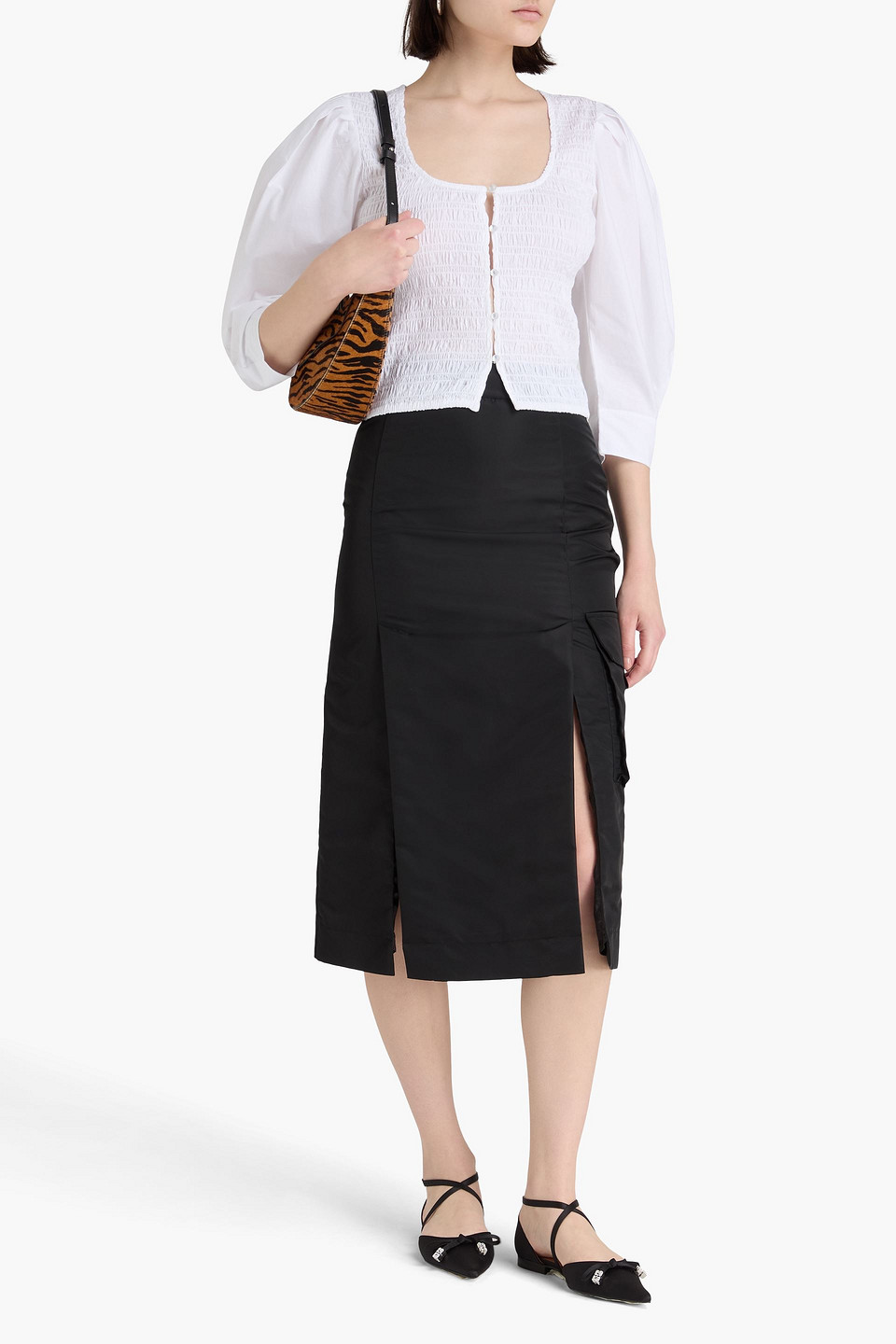 Ganni Smocked Cotton-poplin Cropped Blouse In White