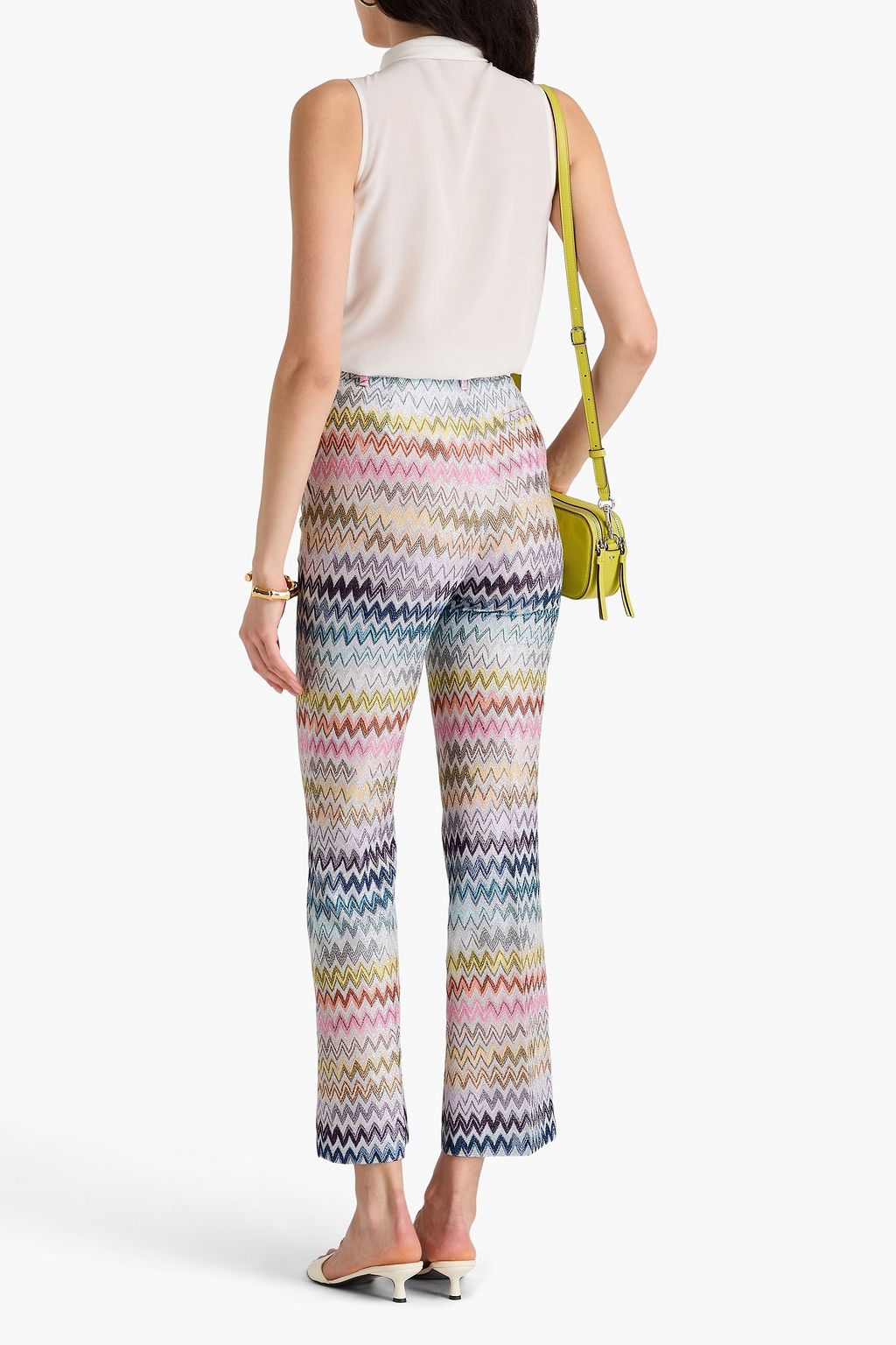 MISSONI بنطال بقصة واسعة من الأسفل من نسيج بحبكة كروشيه بلون معدني