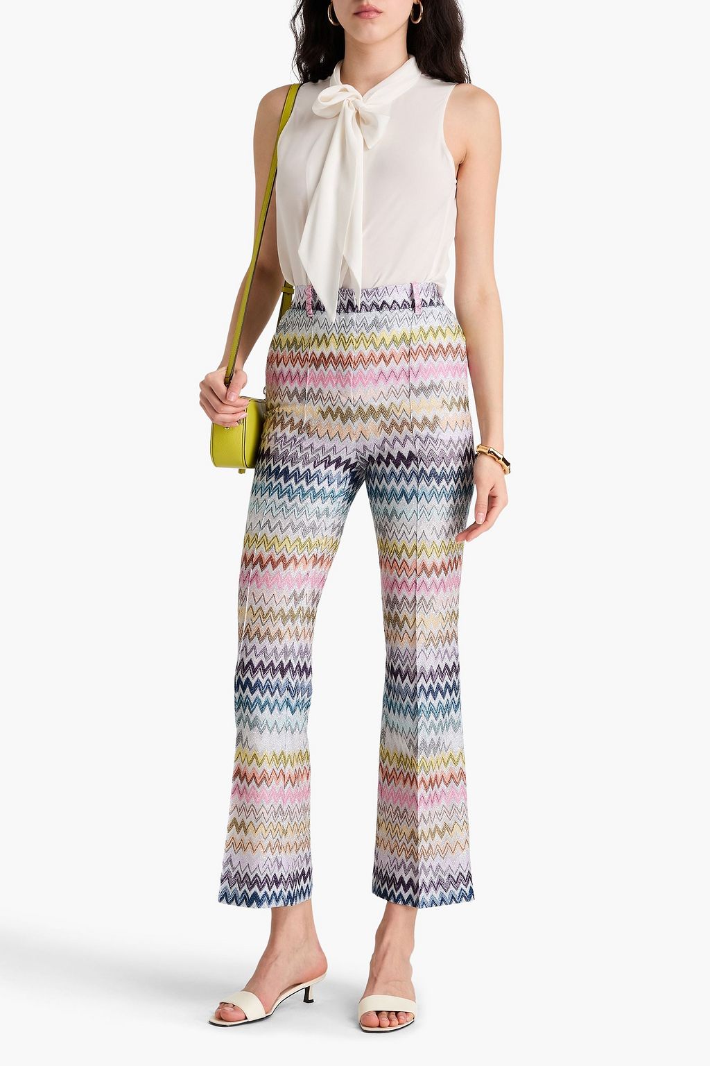 MISSONI بنطال بقصة واسعة من الأسفل من نسيج بحبكة كروشيه بلون معدني