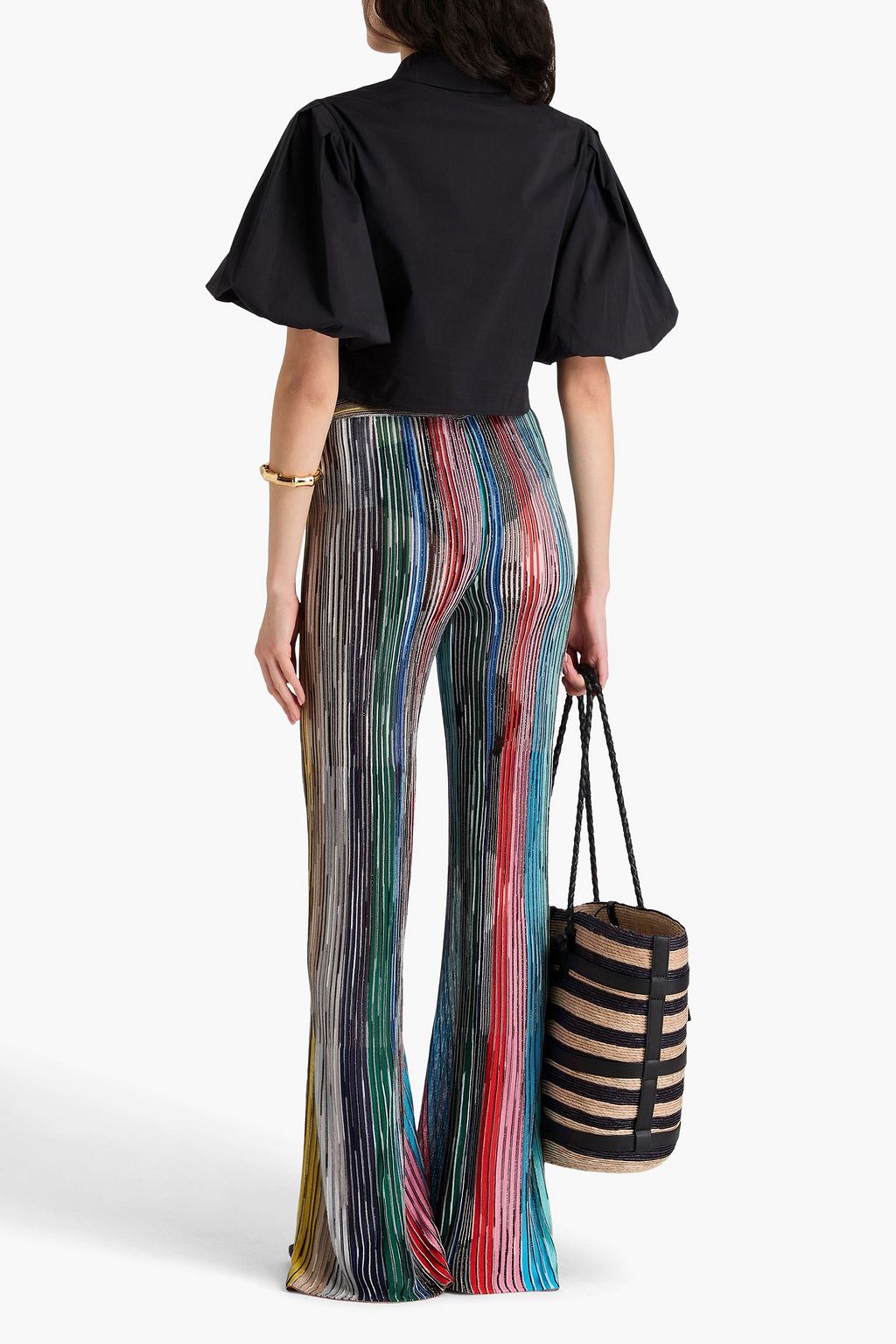 MISSONI بنطال من نسيج محبوك بنمط مضلع بتصميم مخطط وقصة واسعة من الأسفل بلون معدني