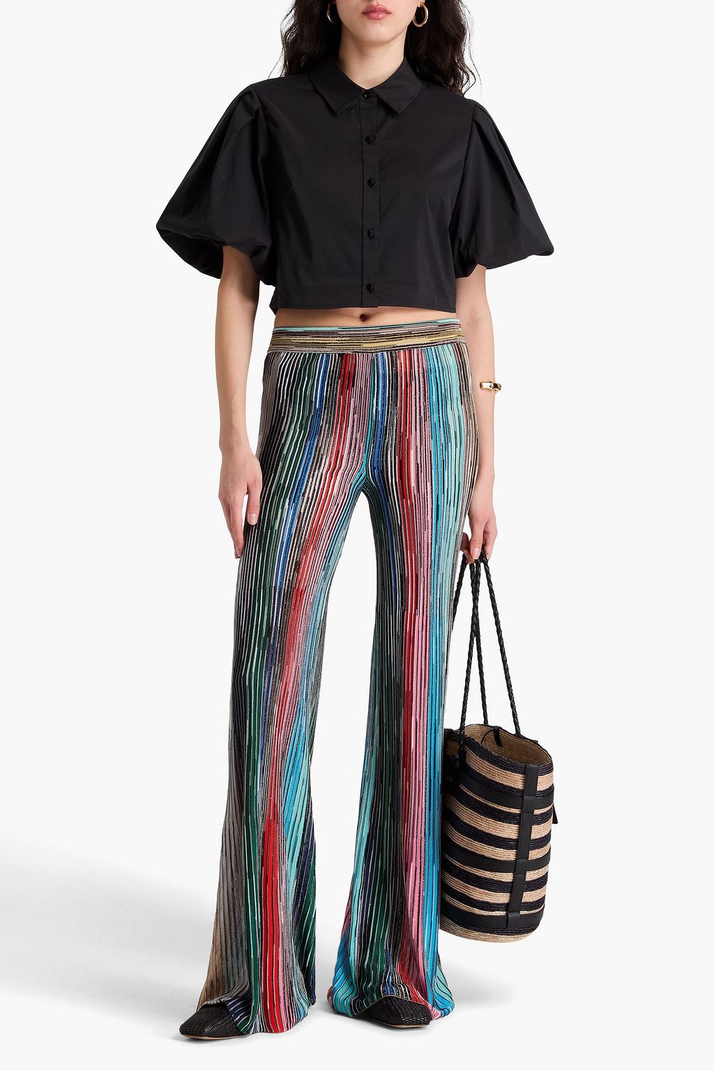 MISSONI بنطال من نسيج محبوك بنمط مضلع بتصميم مخطط وقصة واسعة من الأسفل بلون معدني