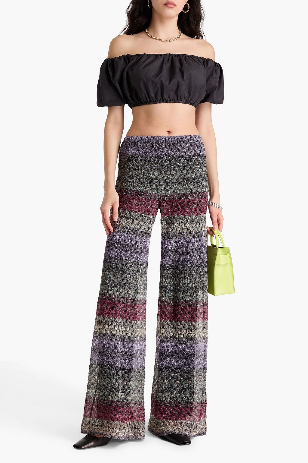 MISSONI بنطال برجلين واسعتين من نسيج بحبكة كروشيه بلون معدني