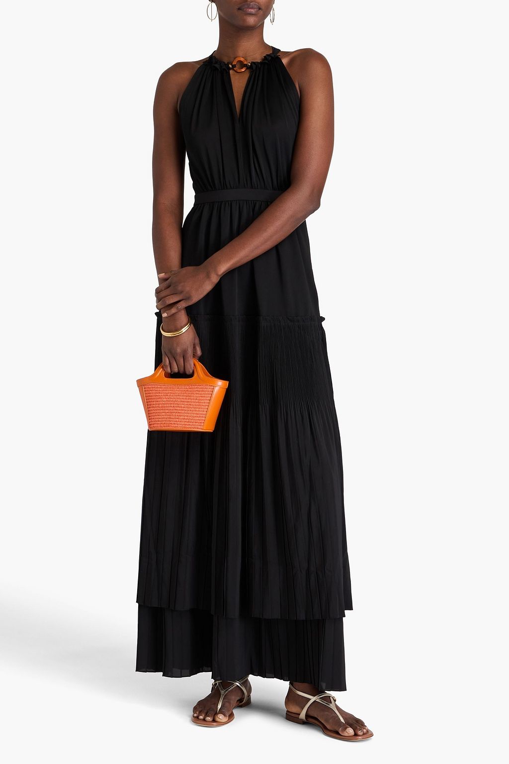 DIANE VON FURSTENBERG プリーツ加工クレープ&ストレッチジャージー マキシワンピース