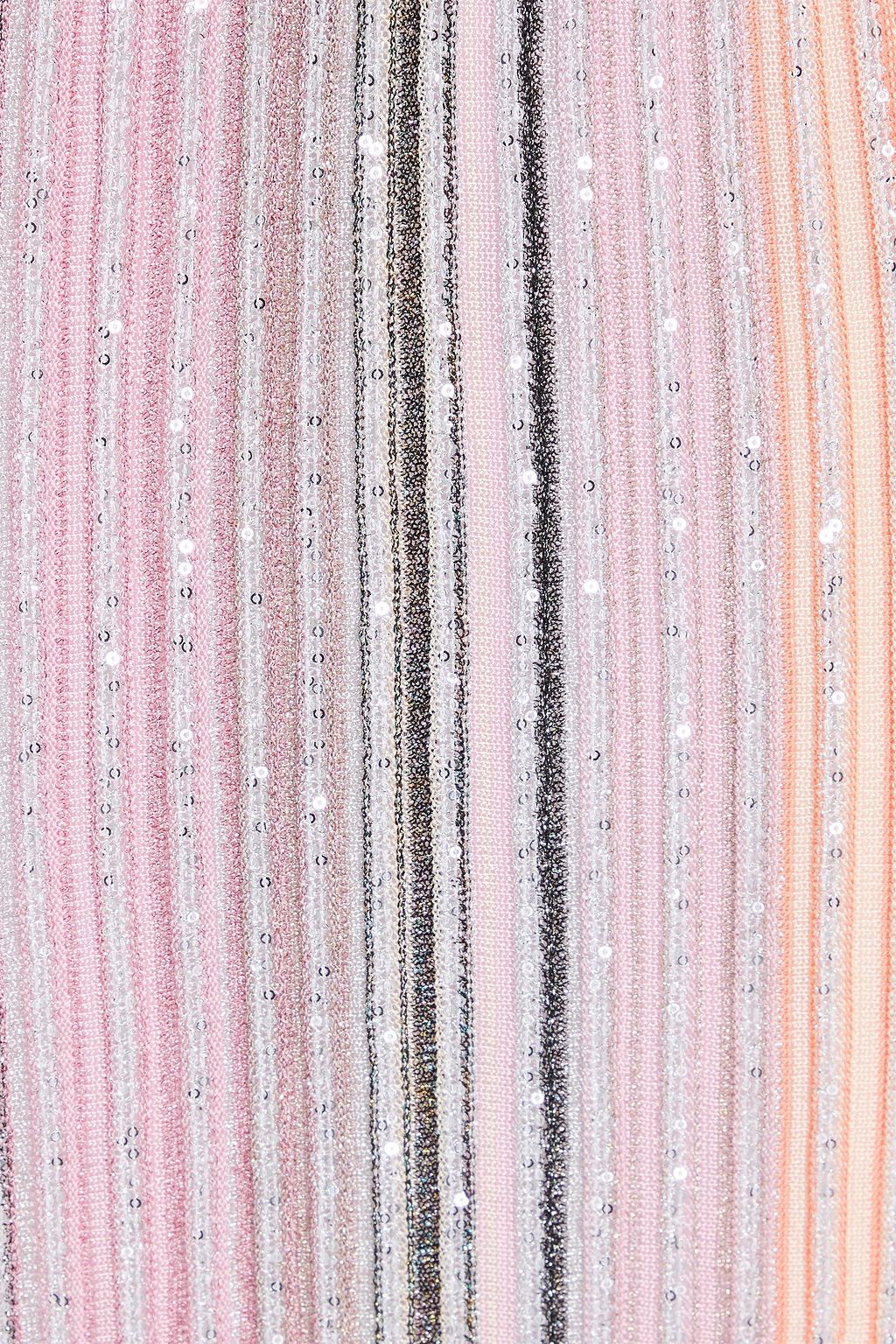 MISSONI تنورة طويلة محاكة ومضلّعة ومزيّنة بالترتر بلون معدني