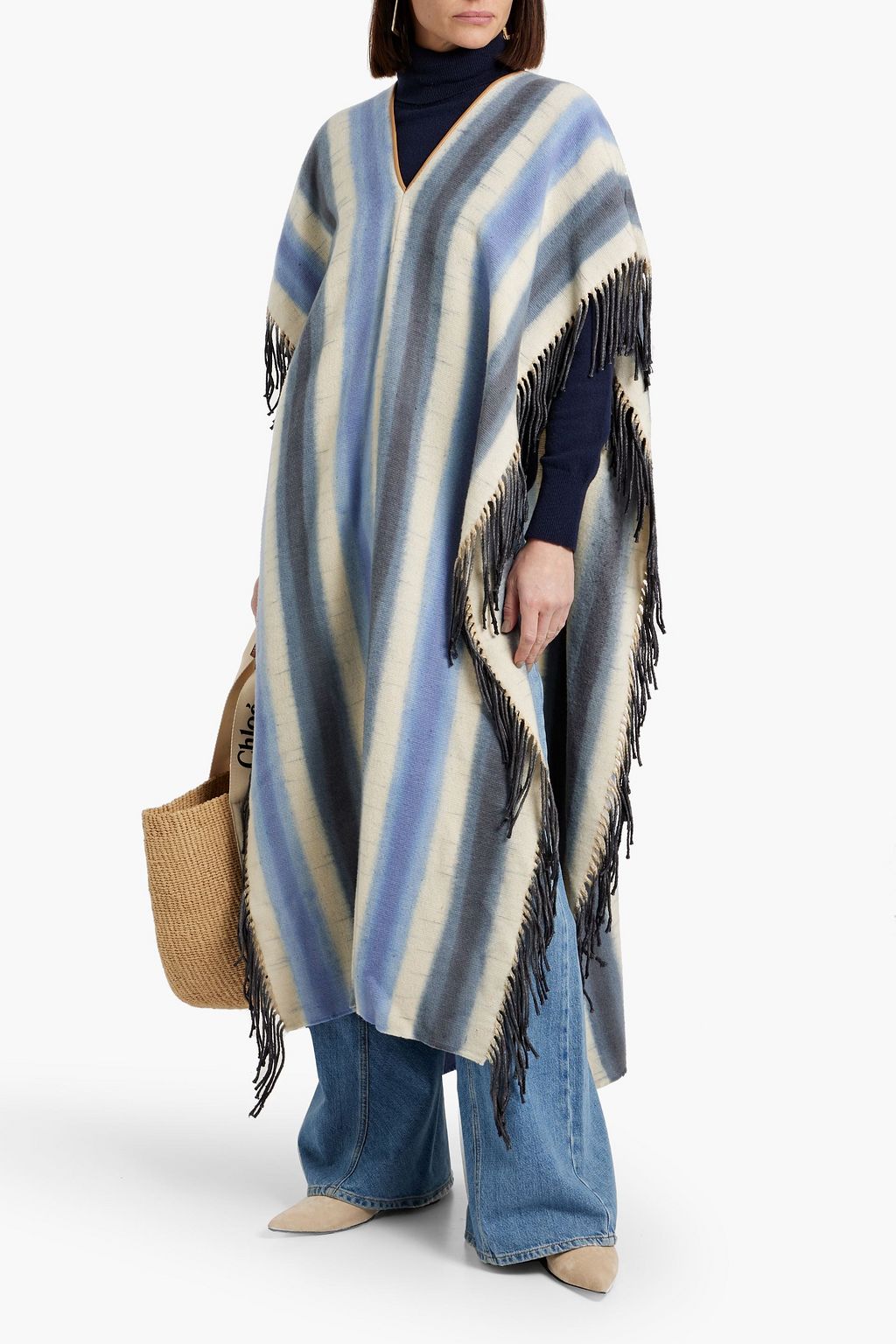 CHLOÉ Striped cashmere and silk-blend poncho