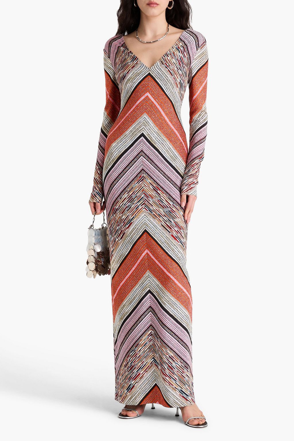 MISSONI فستان طويل من نسيج بحبكة كروشيه بلون معدني