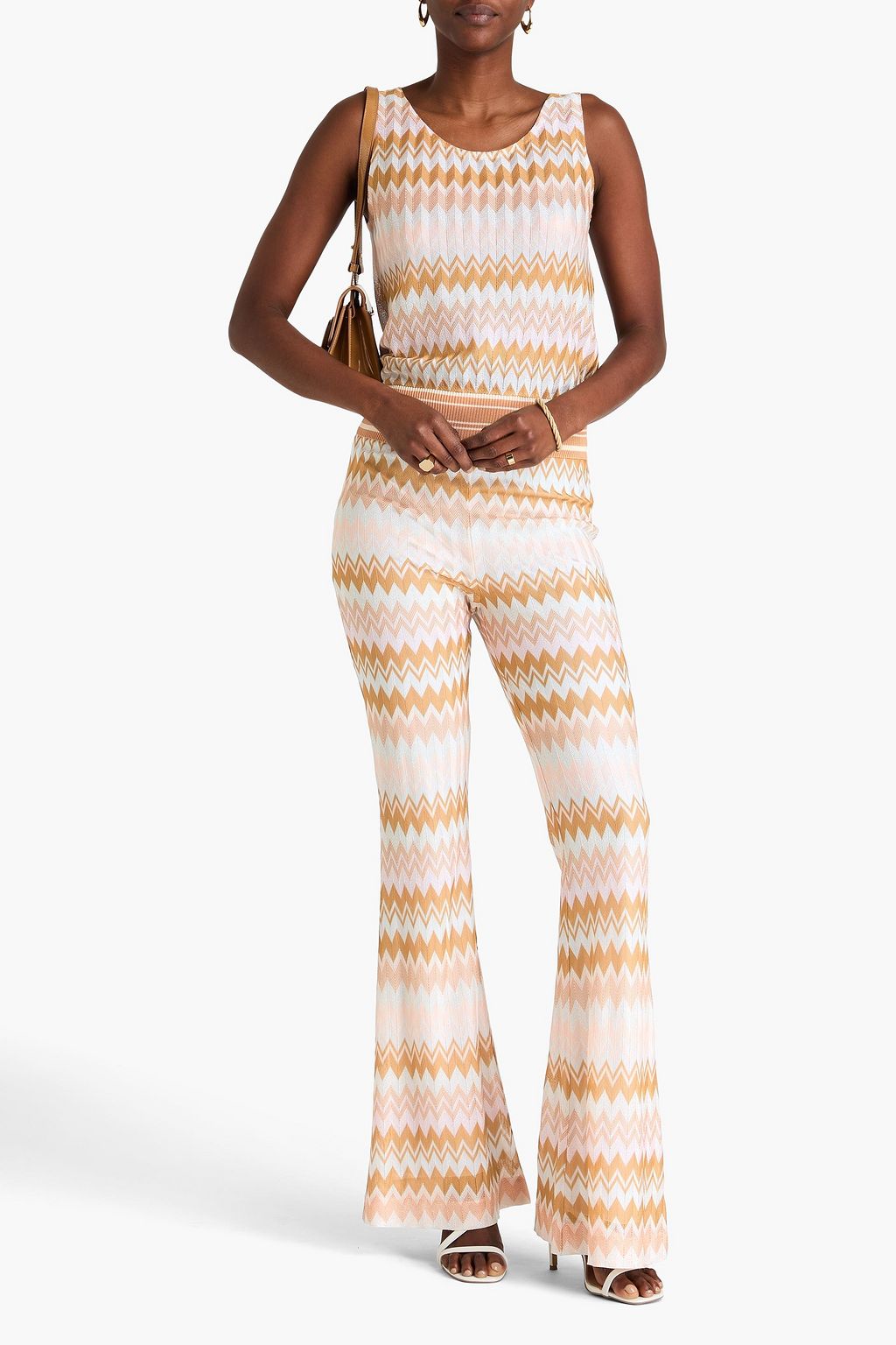MISSONI بنطال بقصة واسعة من الأسفل من نسيج بحبكة كروشيه بلون معدني