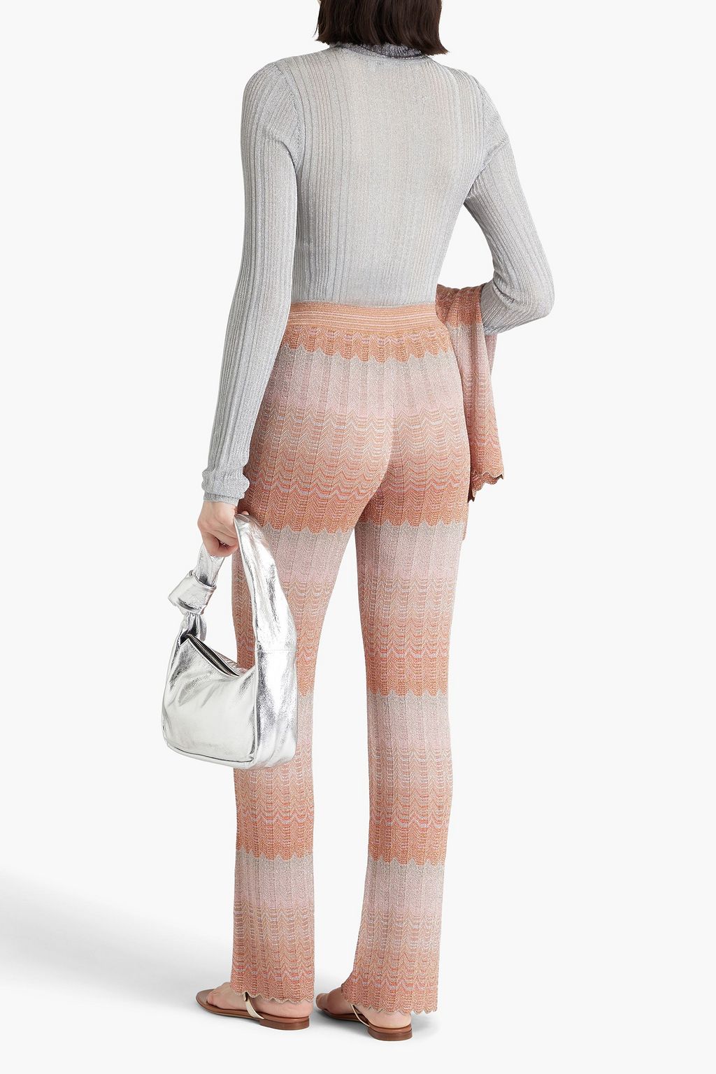 MISSONI بنطال بقصة واسعة من الأسفل من نسيج بحبكة كروشيه بلون معدني