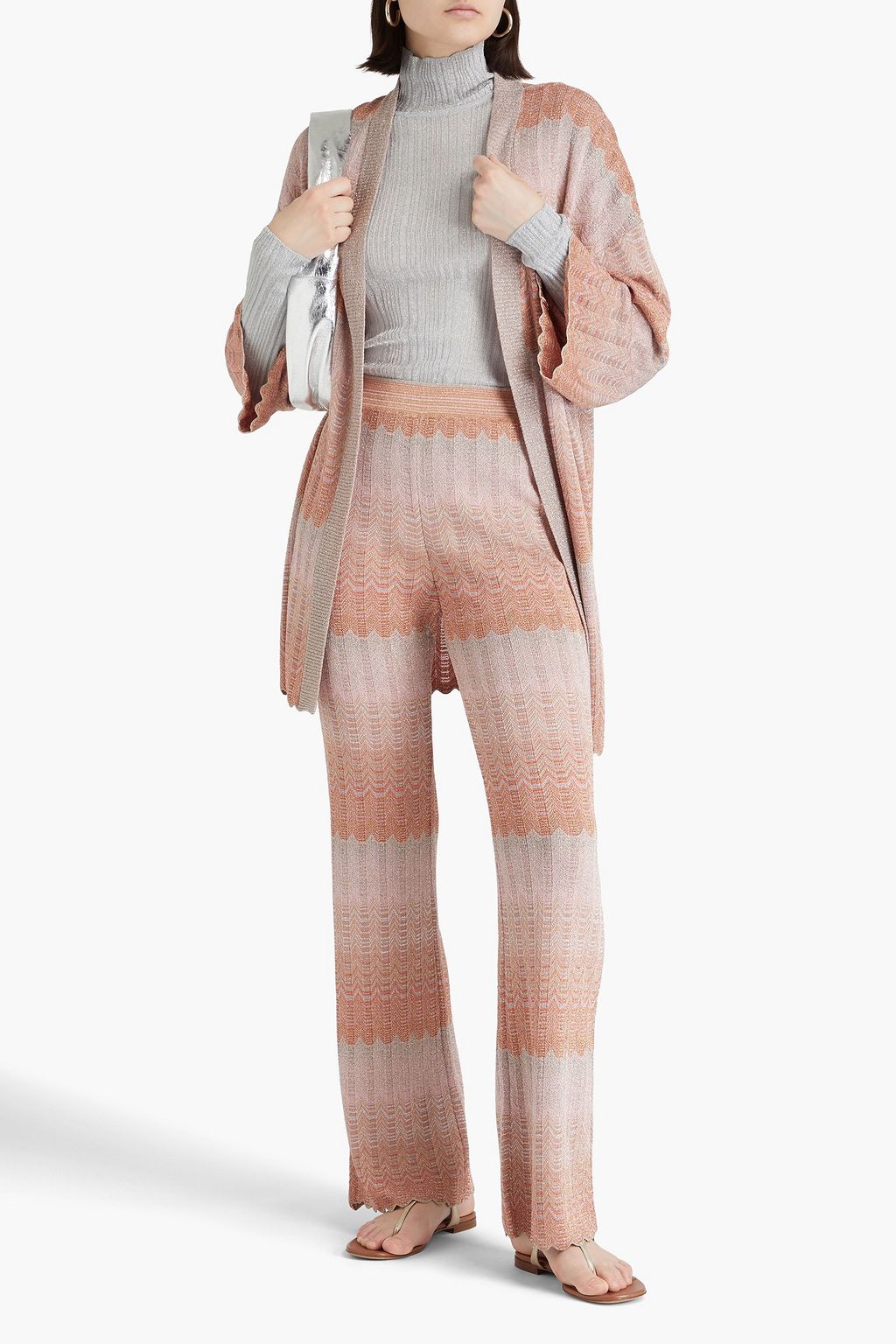 MISSONI بنطال بقصة واسعة من الأسفل من نسيج بحبكة كروشيه بلون معدني