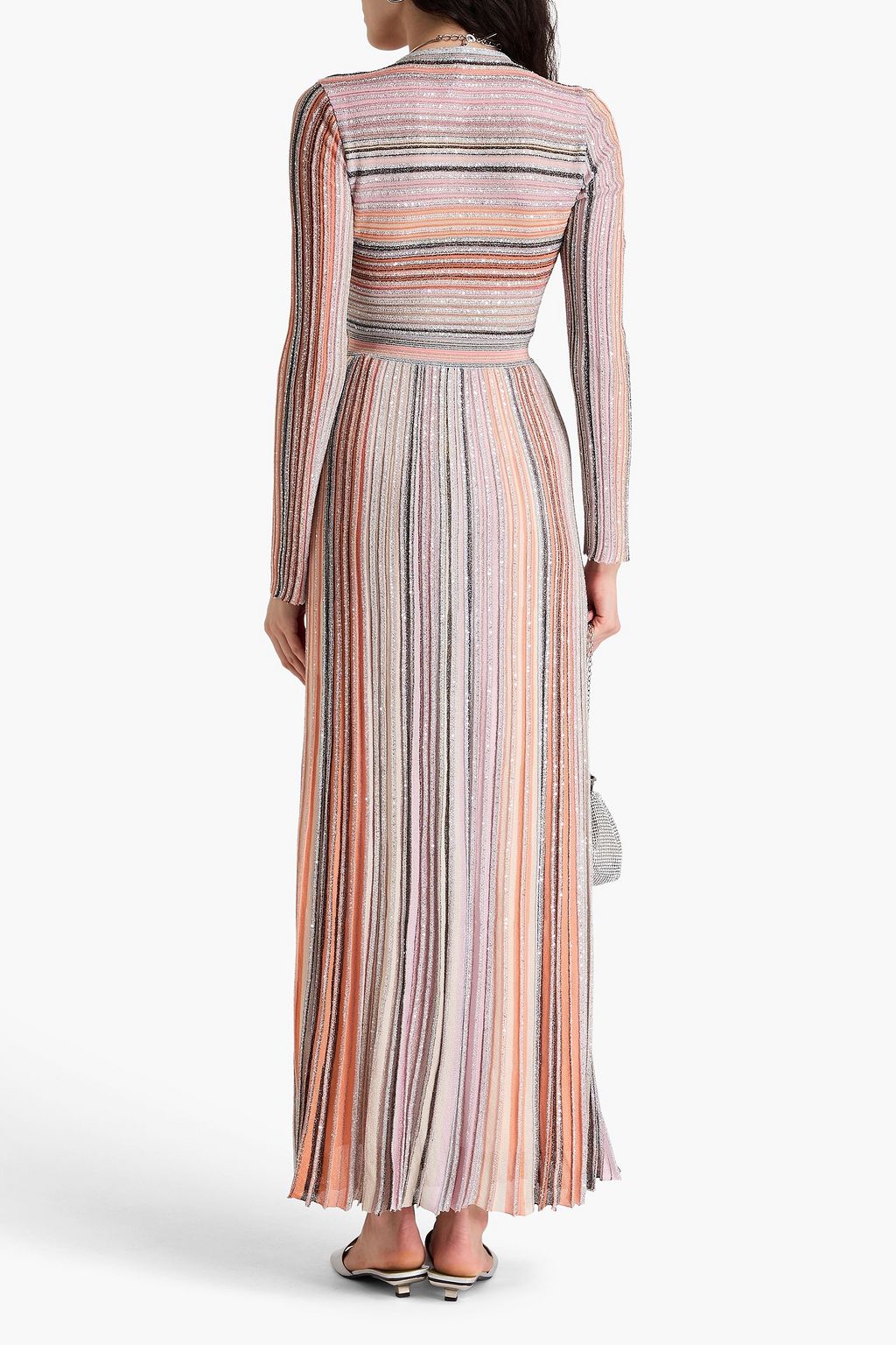 MISSONI Embellished metallic striped ribbed-knit maxi dress