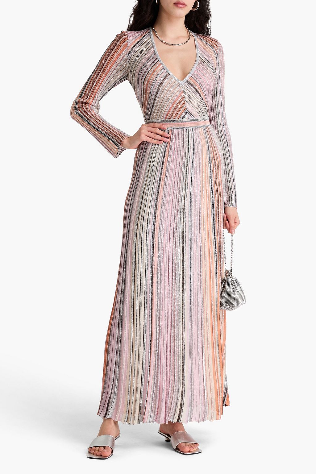 MISSONI Embellished metallic striped ribbed-knit maxi dress