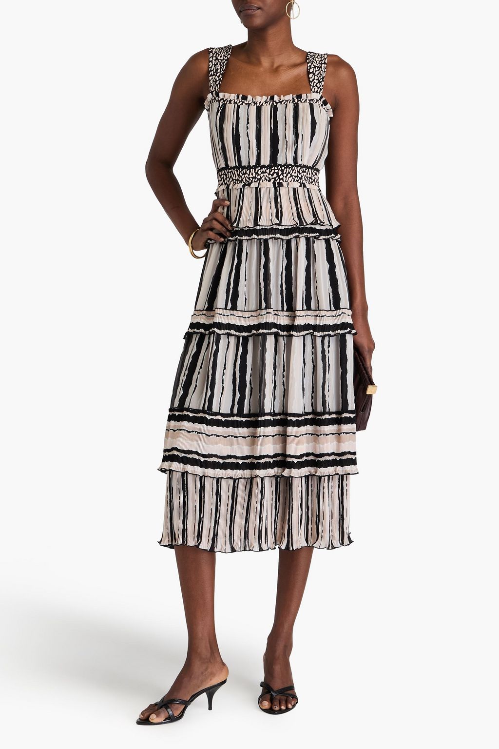 DIANE VON FURSTENBERG ジョーゼット ミディワンピース ティアード ストライプ