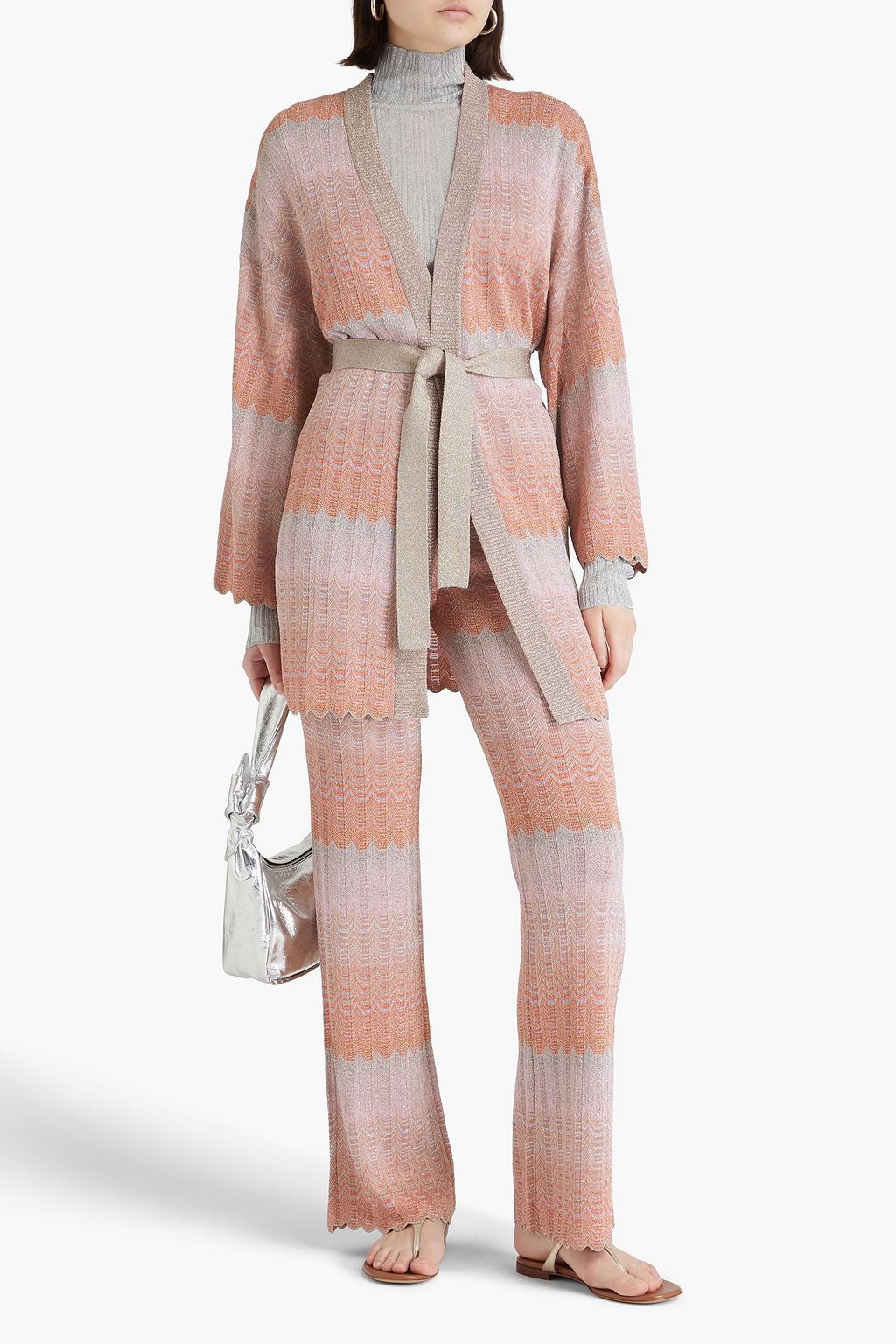 MISSONI Belted metallic crochet-knit cardigan