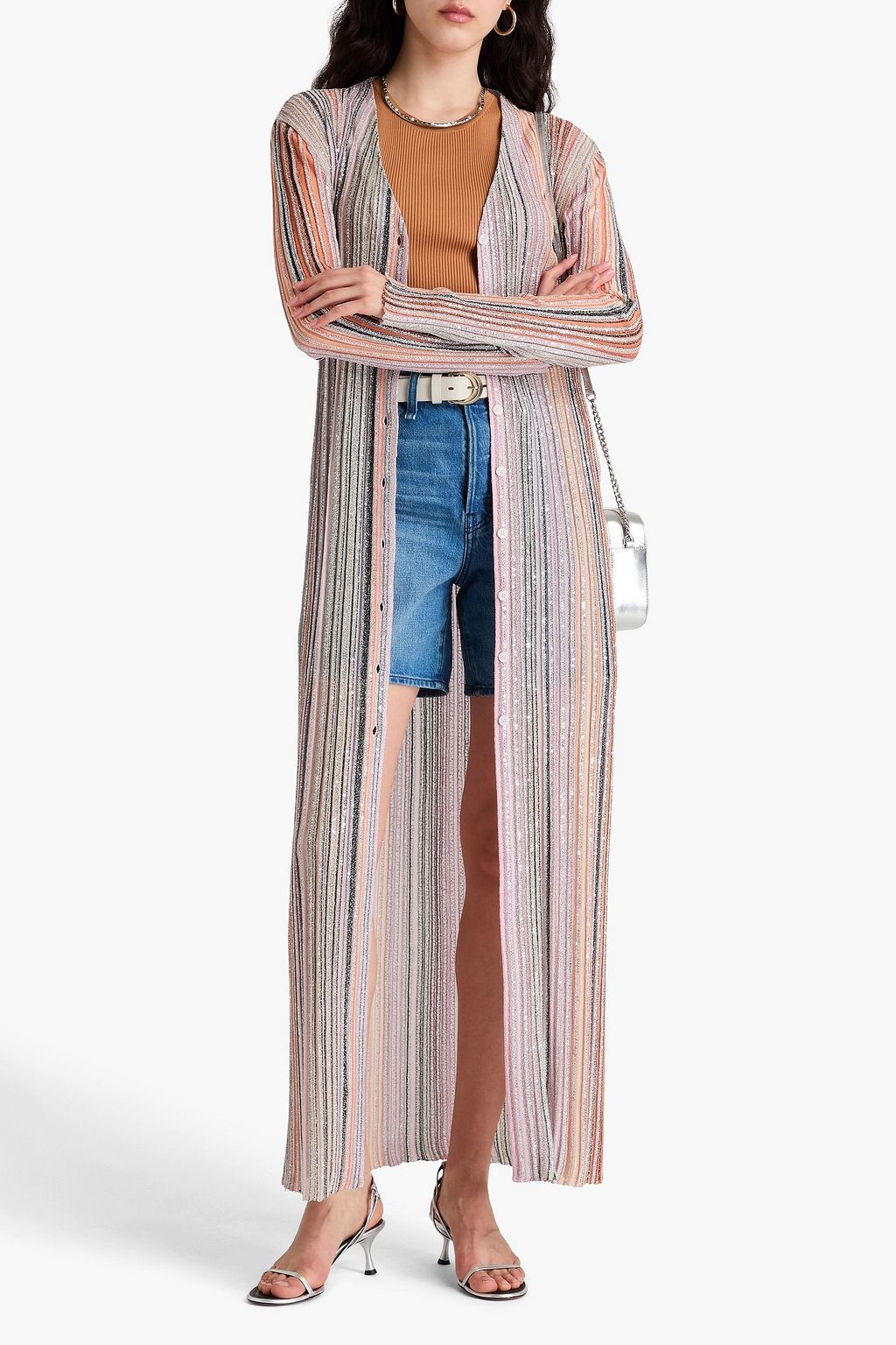 MISSONI سترة من نسيج محبوك بنمط مضلع بتصميم مخطط وبلون معدني
