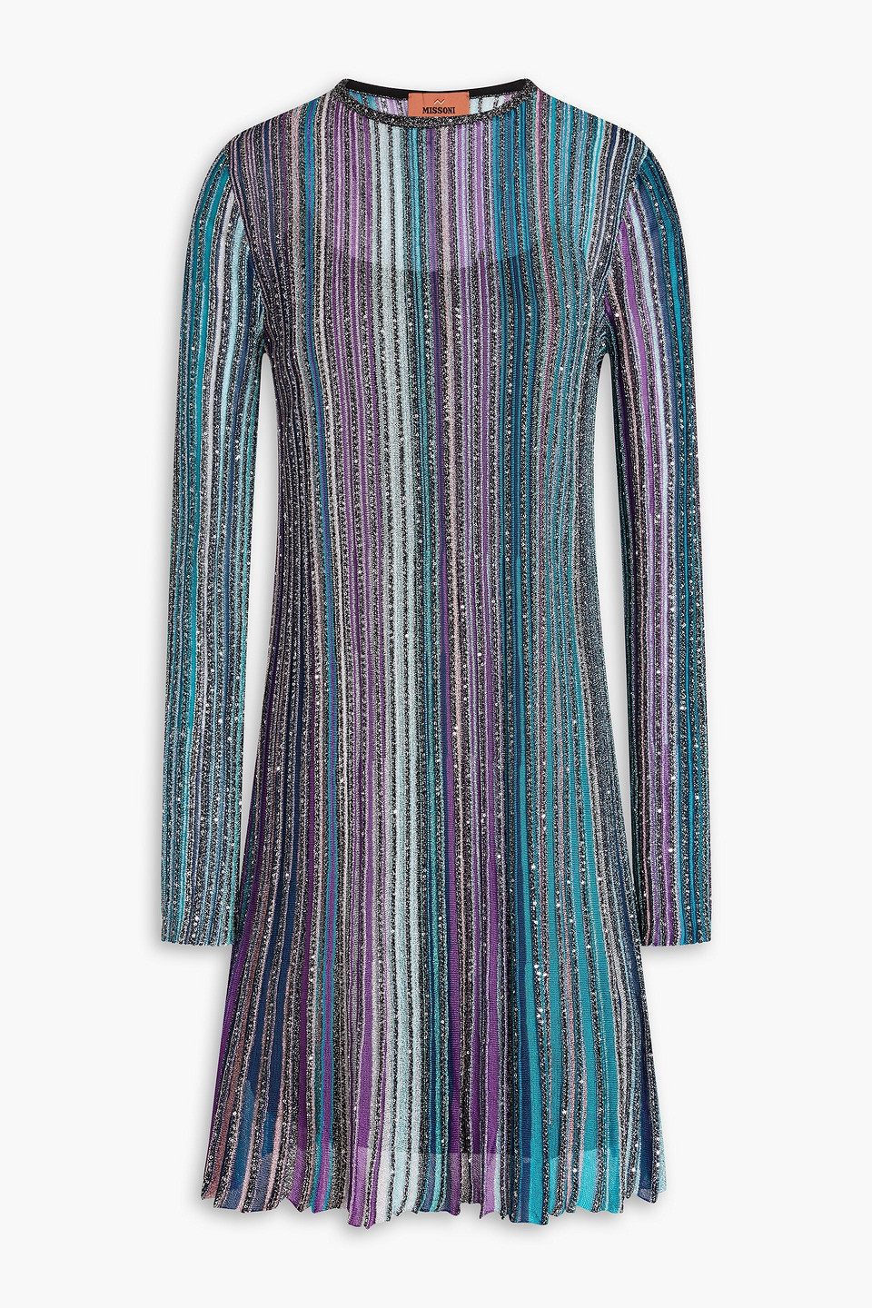 Missoni Sequin-embellished Metallic Striped Ribbed-knit Mini Dress In Teal