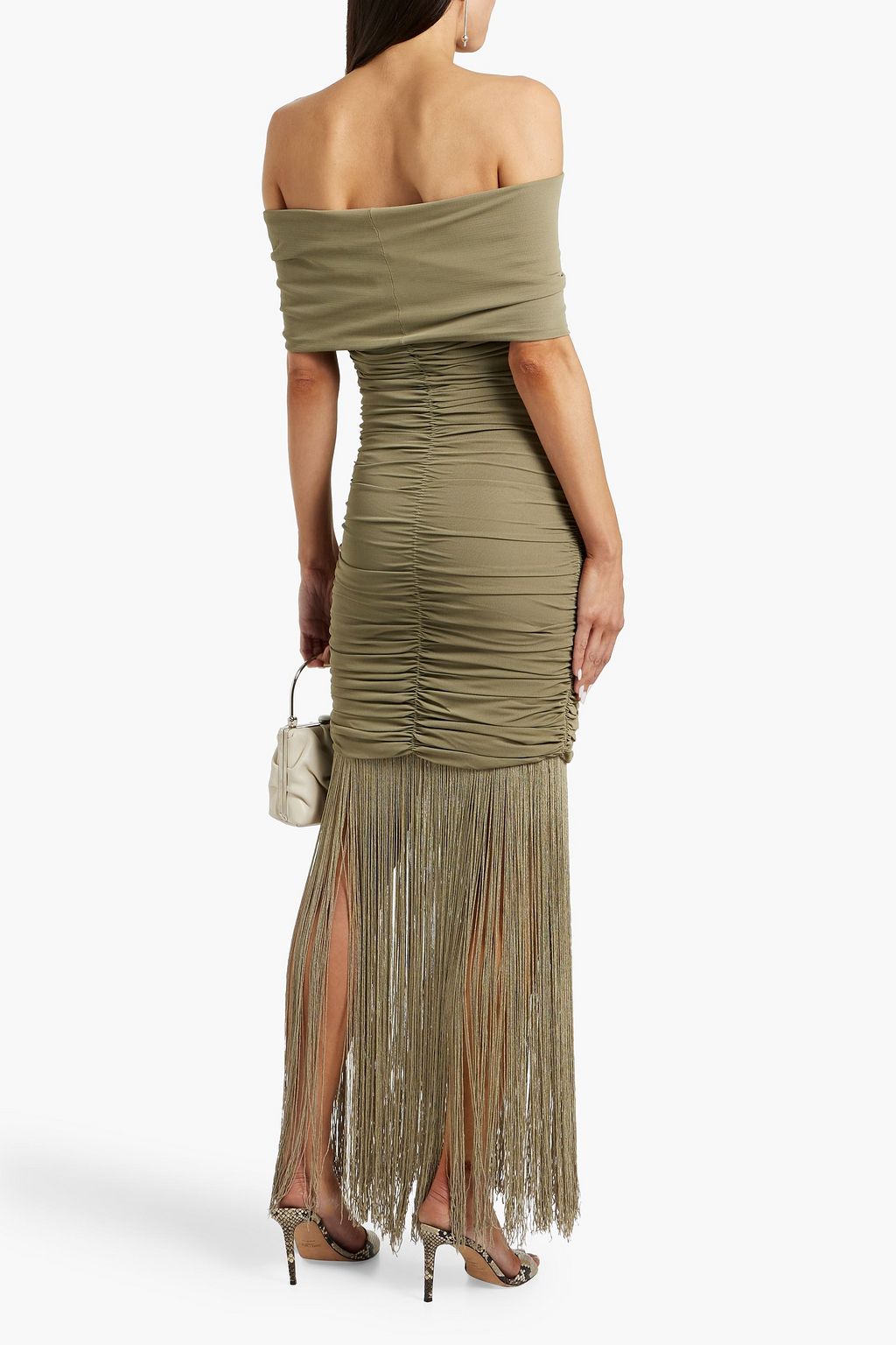 KHAITE Jacinta off-the-shoulder fringed stretch-jersey maxi dress