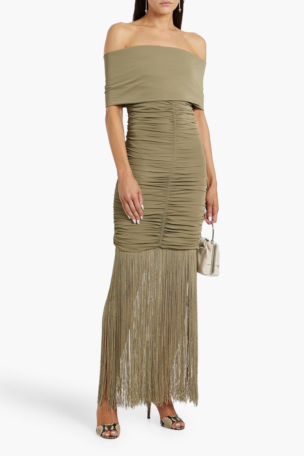 KHAITE Jacinta off-the-shoulder fringed stretch-jersey maxi dress