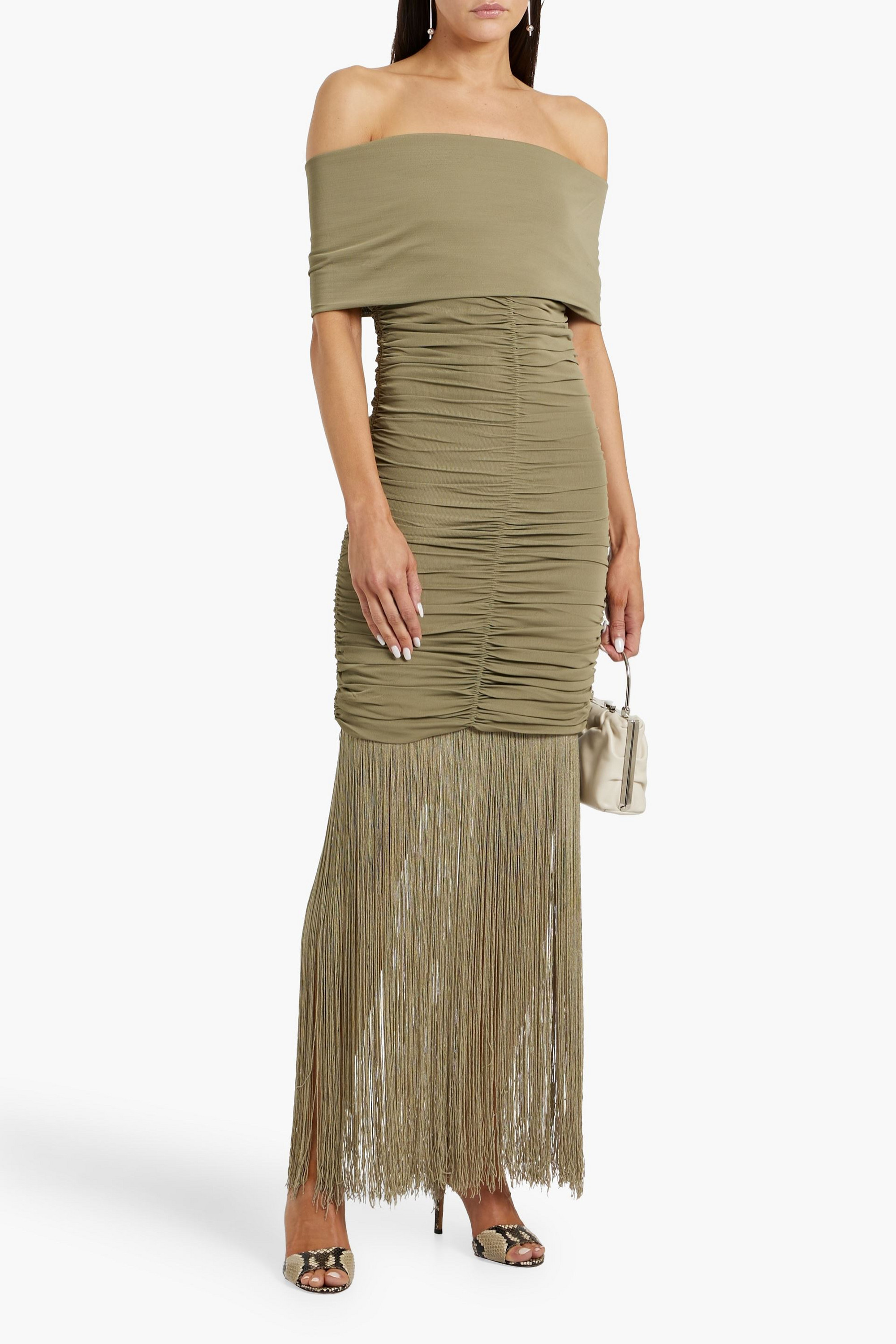 KHAITE Jacinta off-the-shoulder fringed stretch-jersey maxi dress
