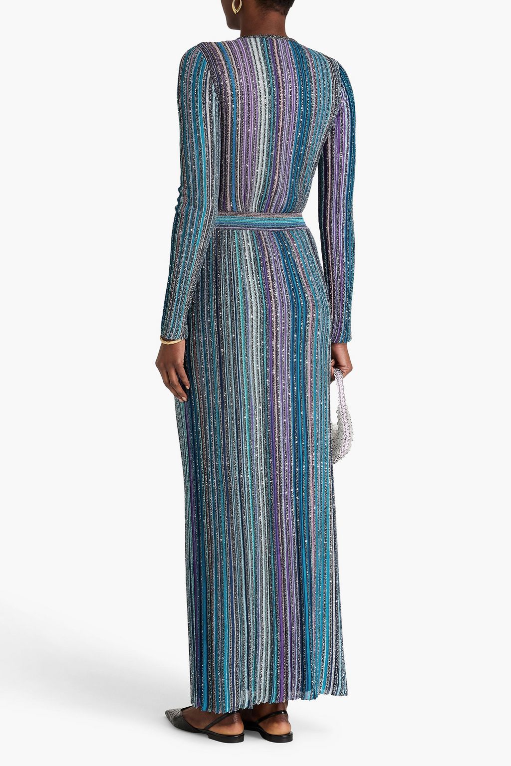 MISSONI Embellished metallic striped ribbed-knit maxi skirt
