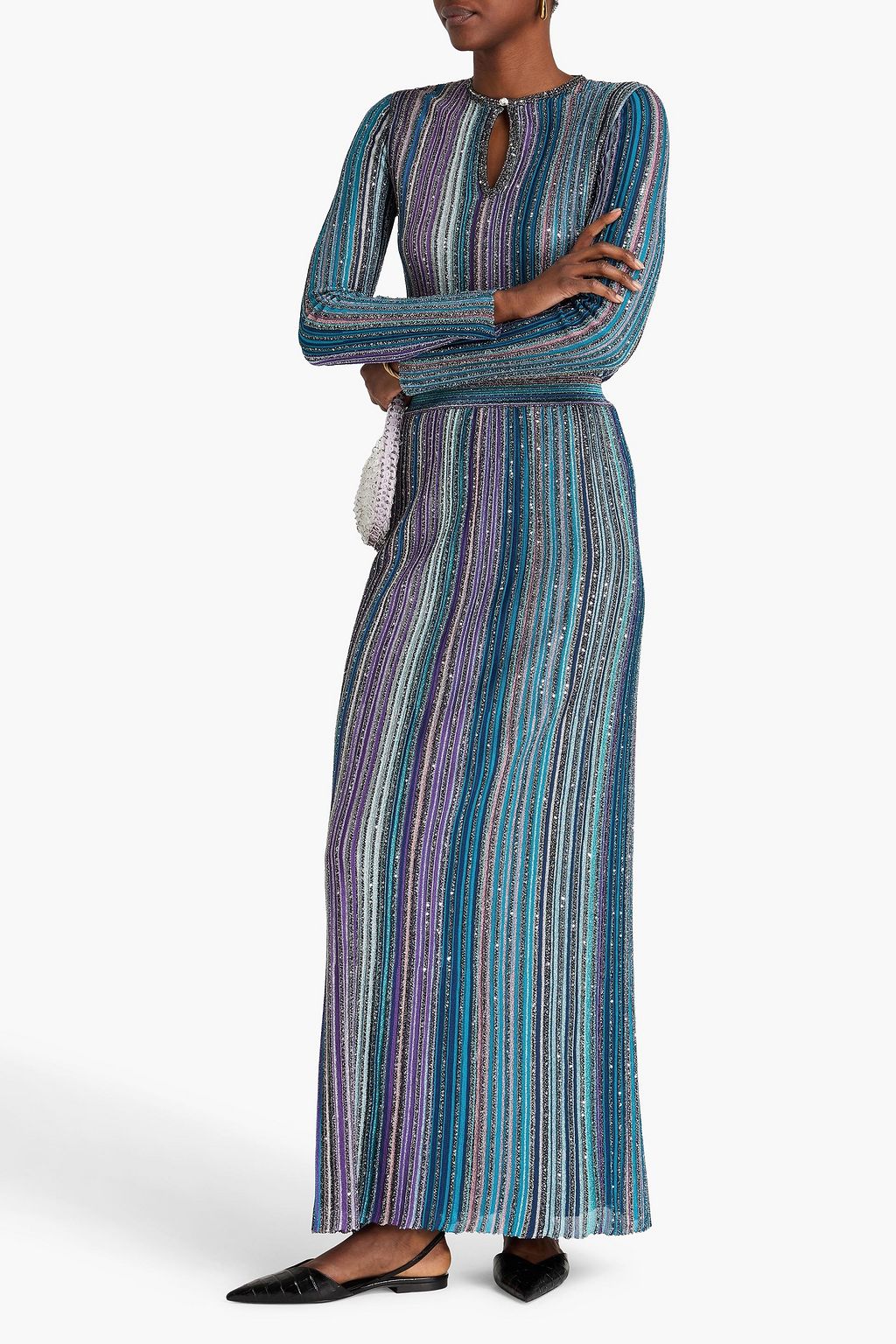 MISSONI Embellished metallic striped ribbed-knit maxi skirt