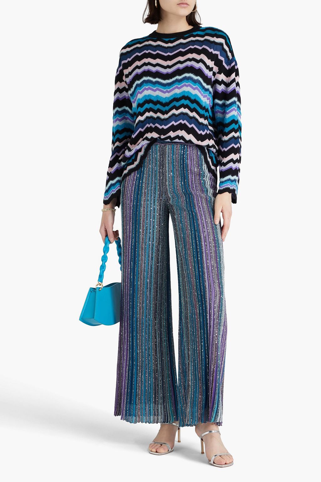 MISSONI Gestreifte Hose mit weitem Bein aus Rippstrick mit Verzierung