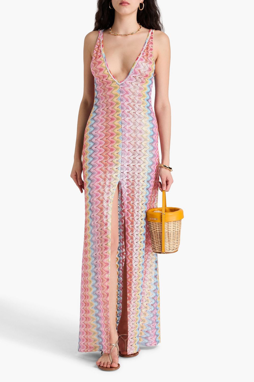 MISSONI فستان طويل من مزيج القطن المحبوك بنمط الكروشيه بلون معدني
