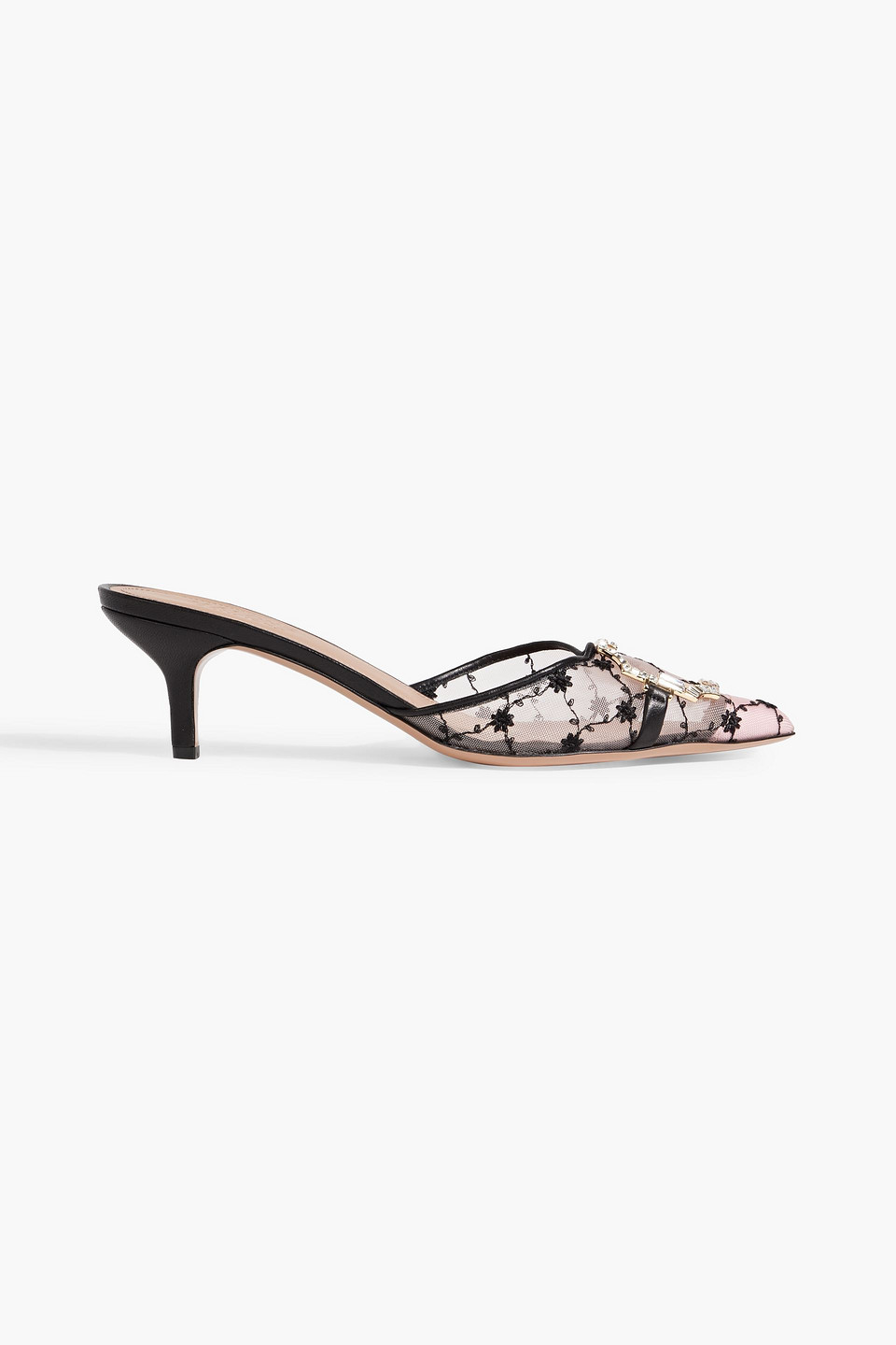 Malone Souliers Missy 45 Leather-trimmed Embroidered Mesh Mules In Black