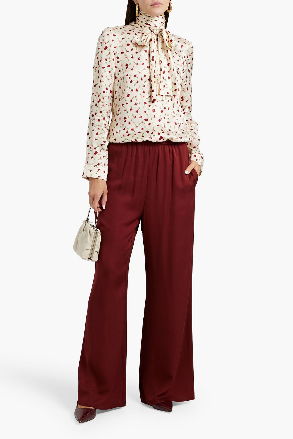 KHAITE Tash pussy-bow floral-print satin-twill blouse