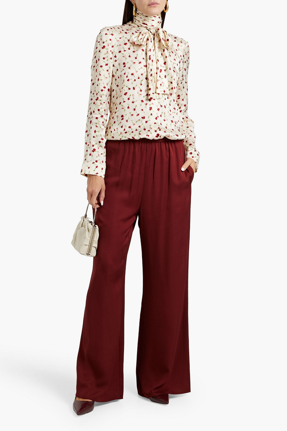 KHAITE TASH PUSSY-BOW FLORAL-PRINT SATIN-TWILL BLOUSE