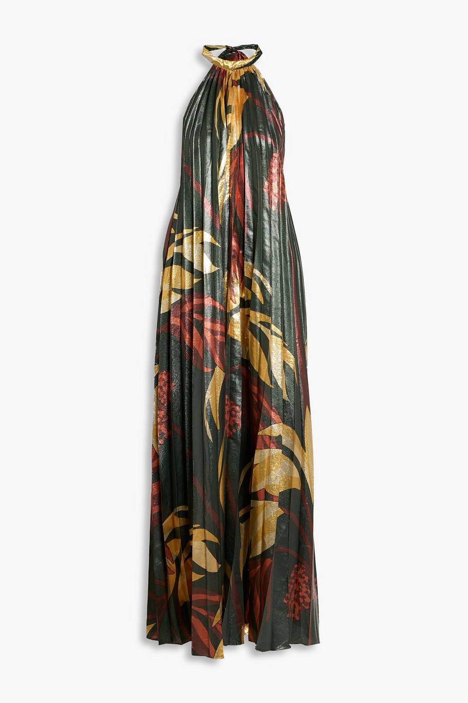 Johanna Ortiz Creative Exchange Pleated Printed Lamé Maxi Halterneck Dress In Multi
