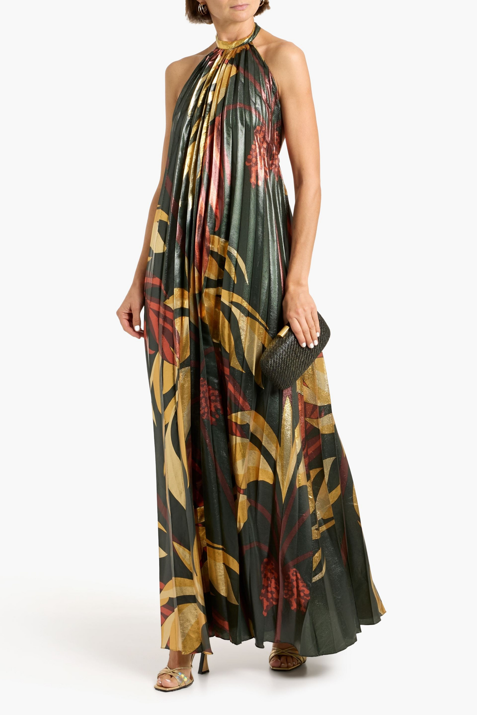 Johanna Ortiz Creative Exchange pleated printed lamé maxi halterneck dress