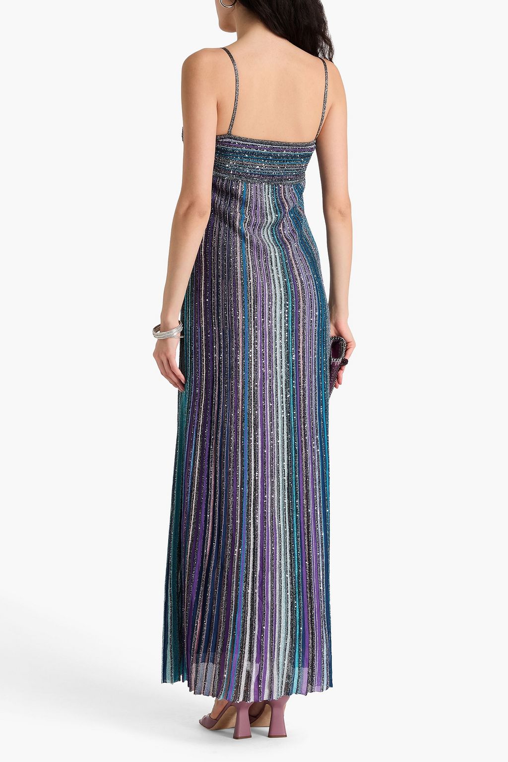 MISSONI فستان طويل من نسيج بحبكة مضلّعة مزيّن بأقراص برّاقة بتصميم مخطط