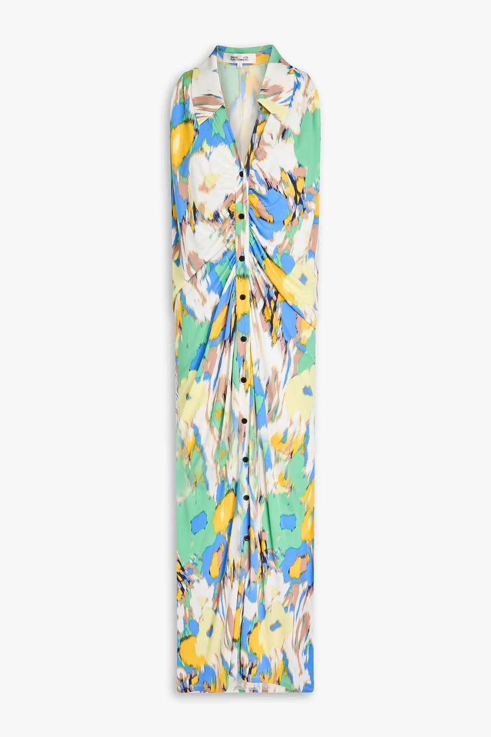 Maren ruched printed jersey midi shirt dress